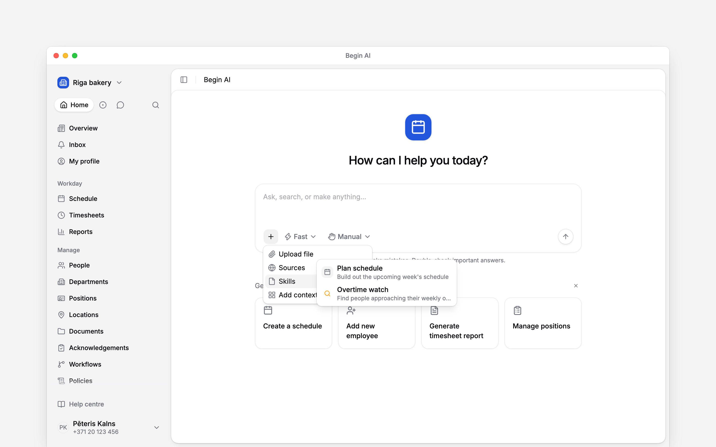 The Begin AI Skills submenu listing schedule planning and overtime review skills