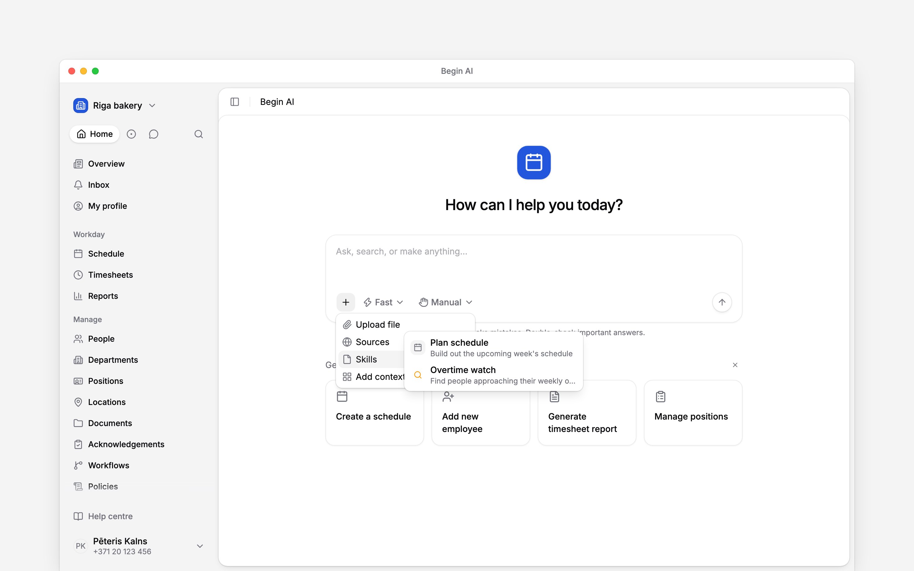 The Begin AI Skills submenu listing schedule planning and overtime review skills