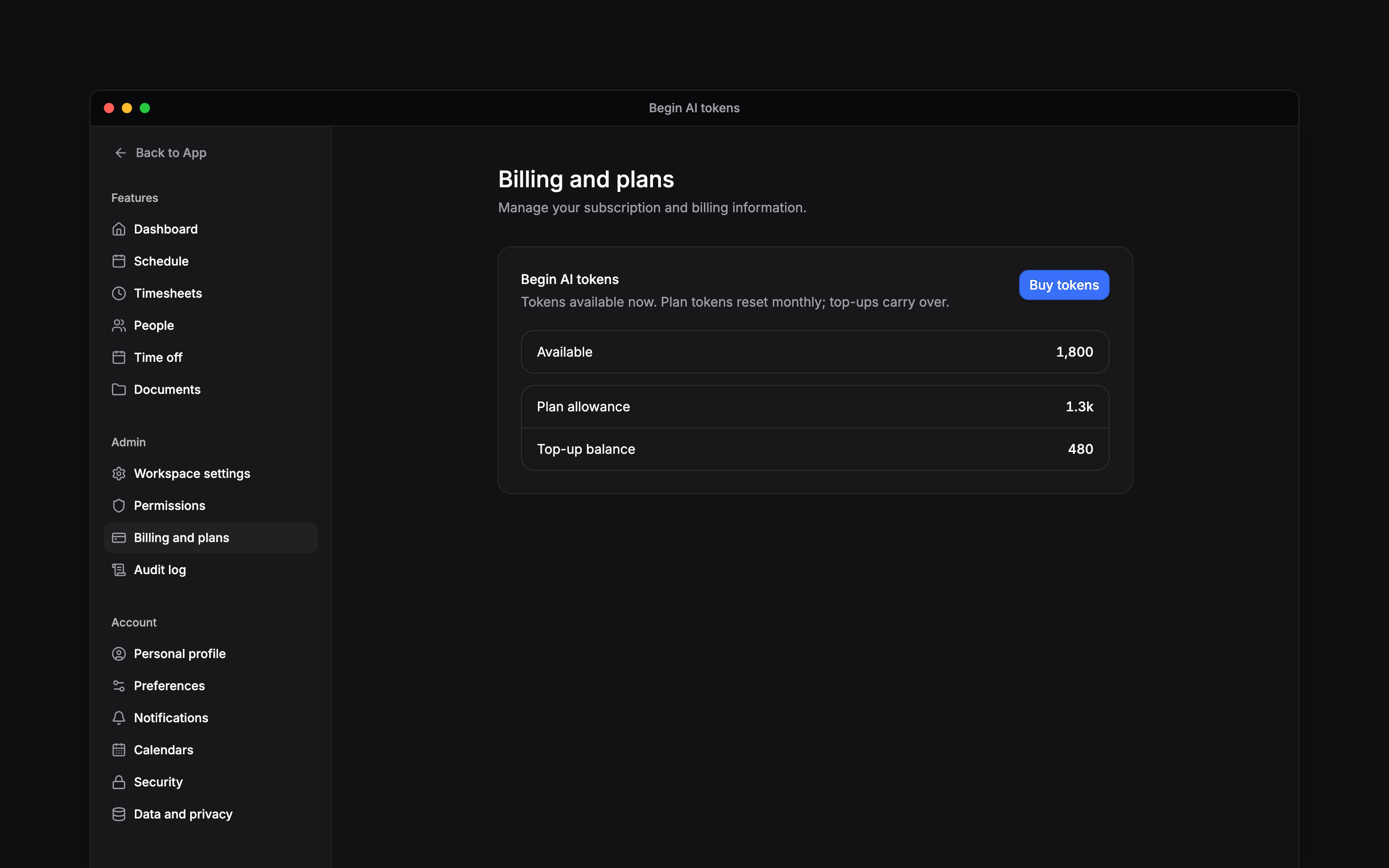 Begin AI tokens showing the monthly allowance, purchased balance and Buy tokens button