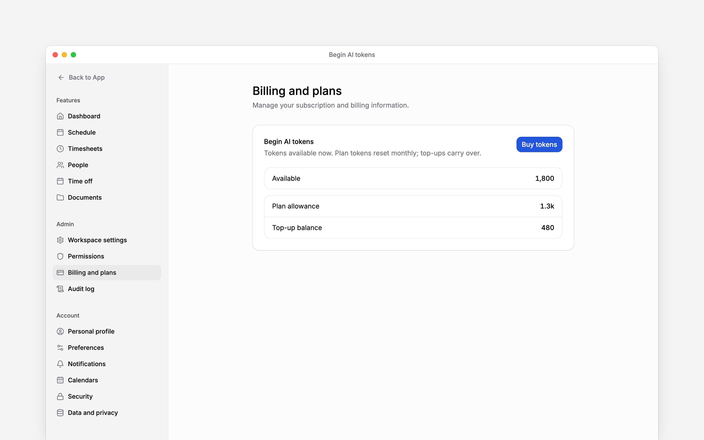 Begin AI tokens showing the monthly allowance, purchased balance and Buy tokens button