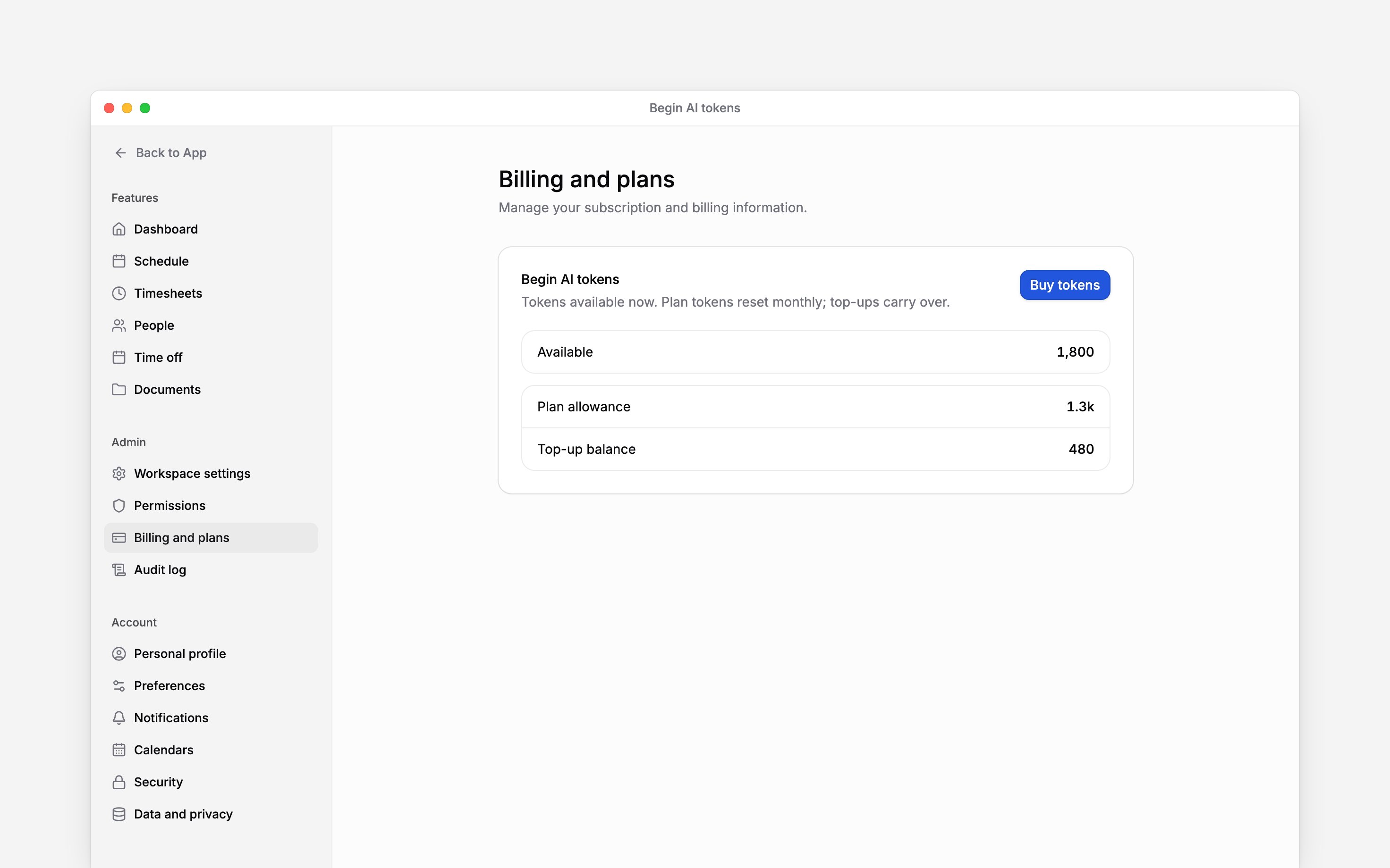Begin AI tokens showing the monthly allowance, purchased balance and Buy tokens button