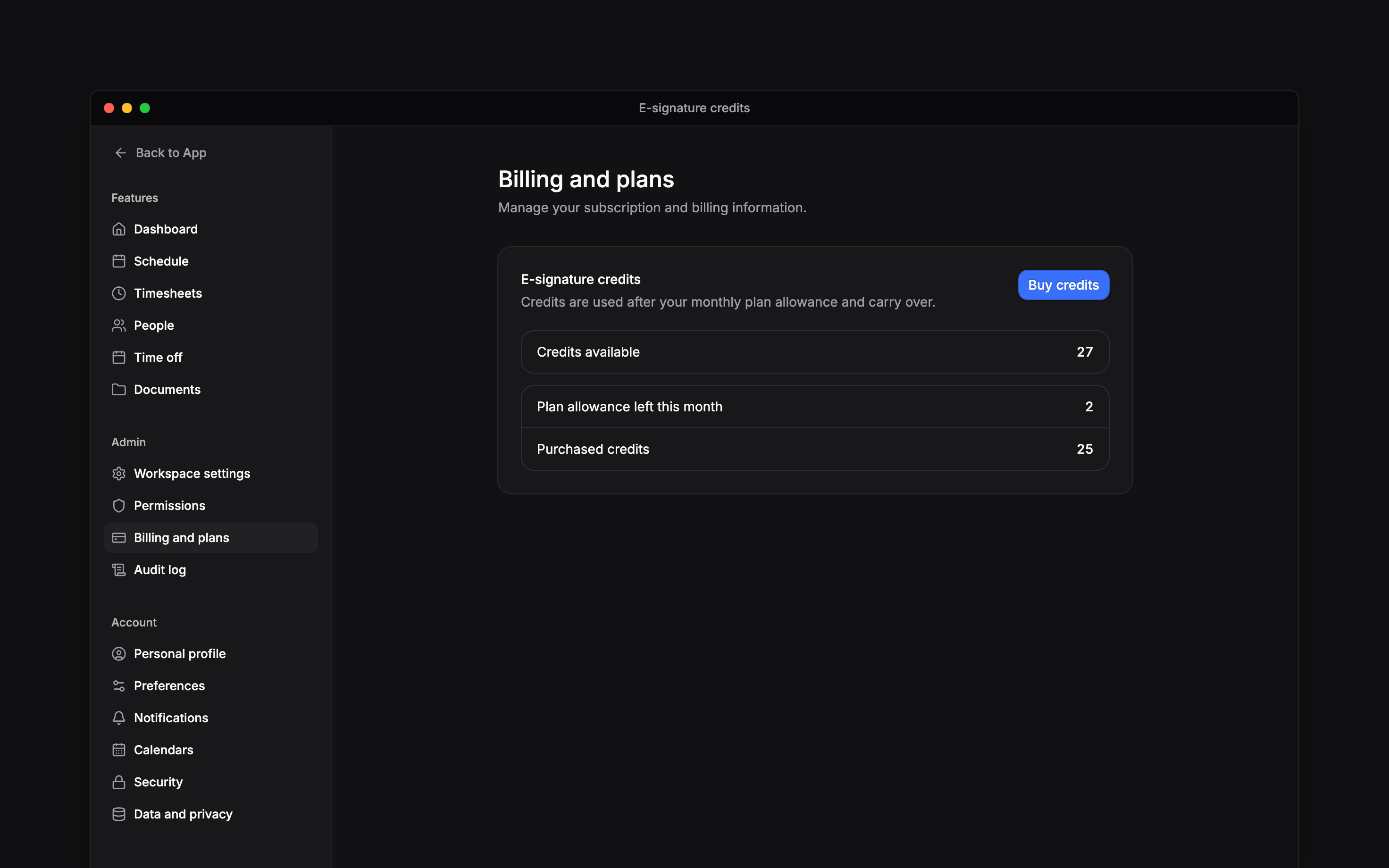 E-signature credits showing remaining monthly allowance, purchased credits and Buy credits