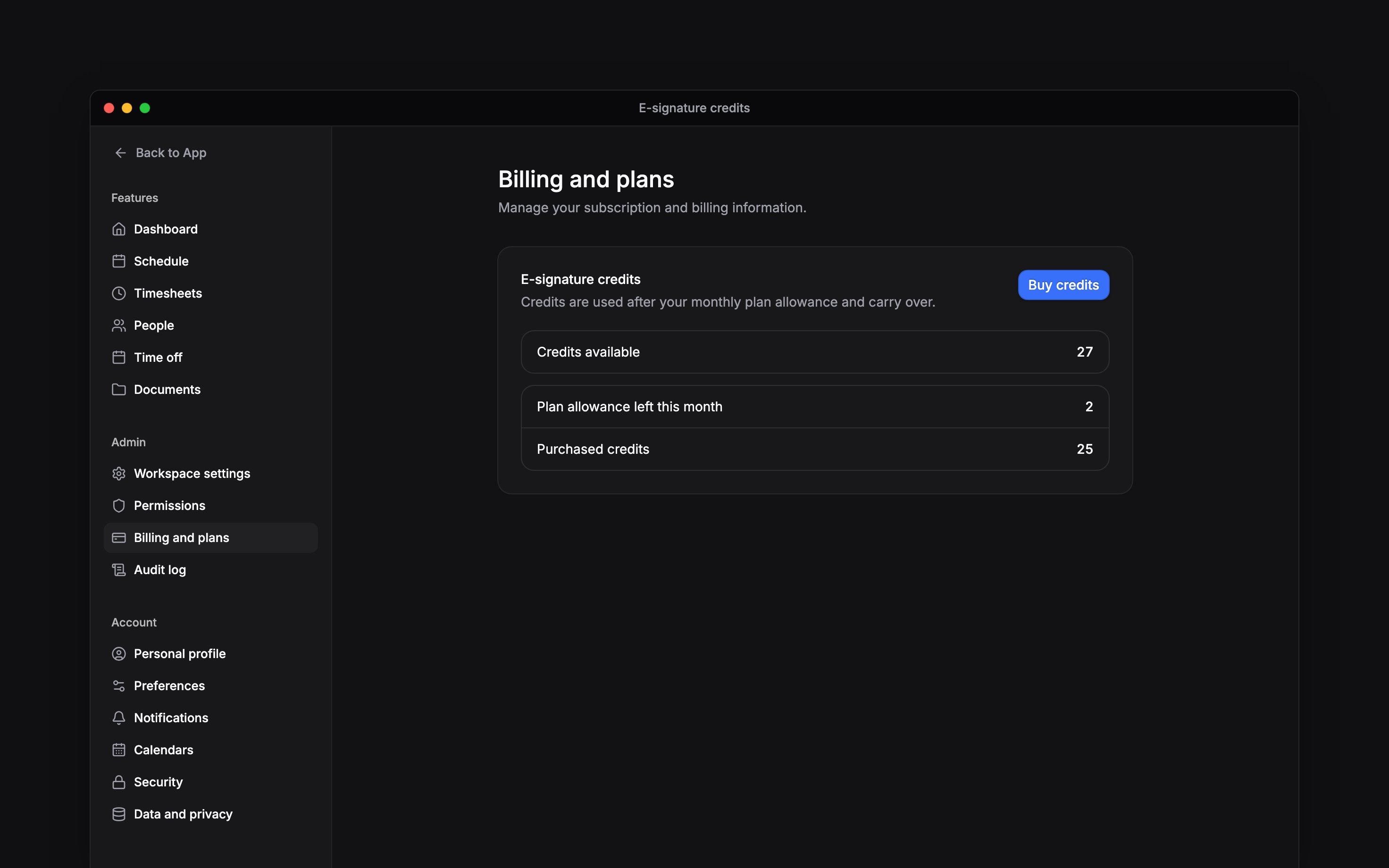 E-signature credits showing remaining monthly allowance, purchased credits and Buy credits