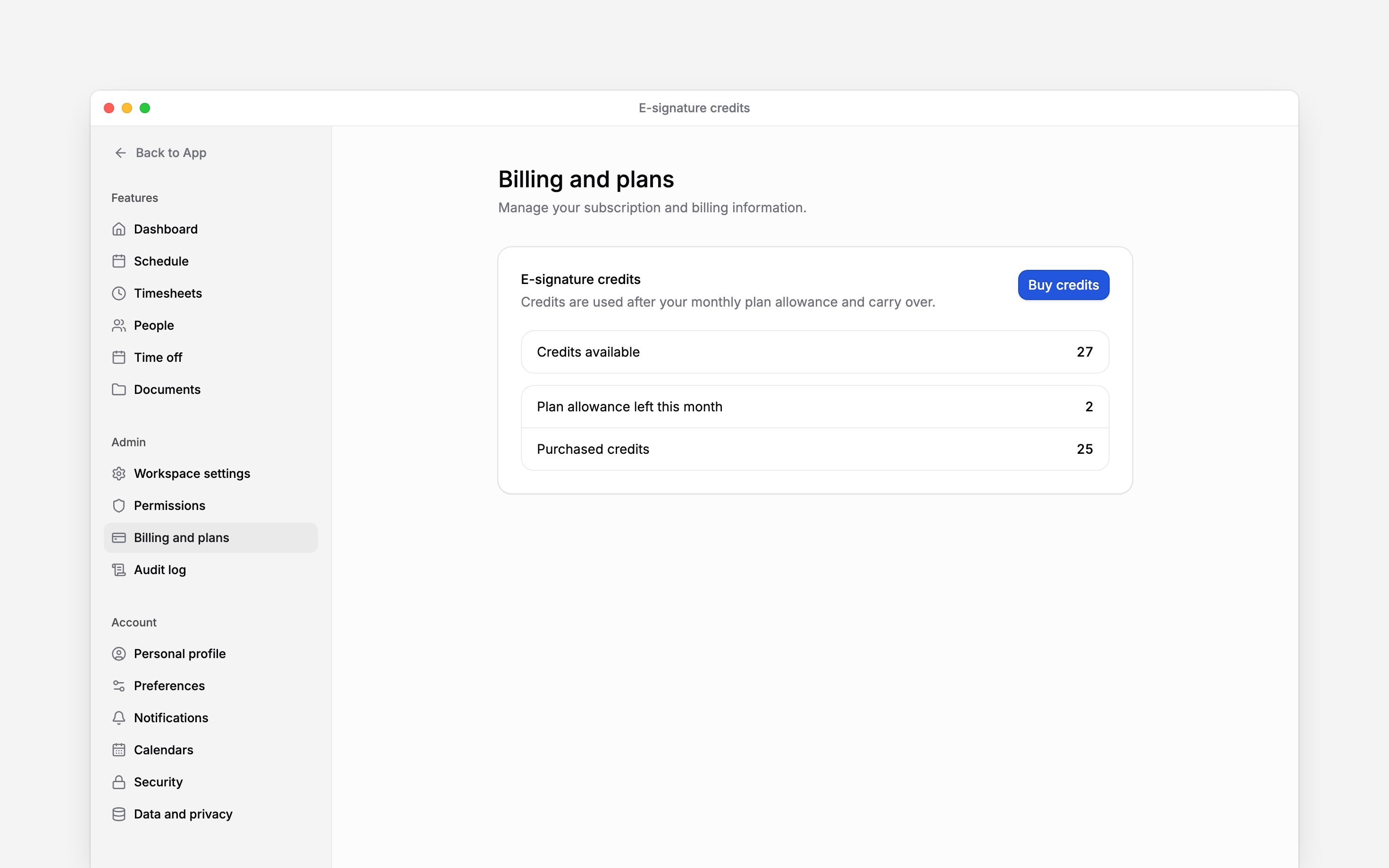 E-signature credits showing remaining monthly allowance, purchased credits and Buy credits