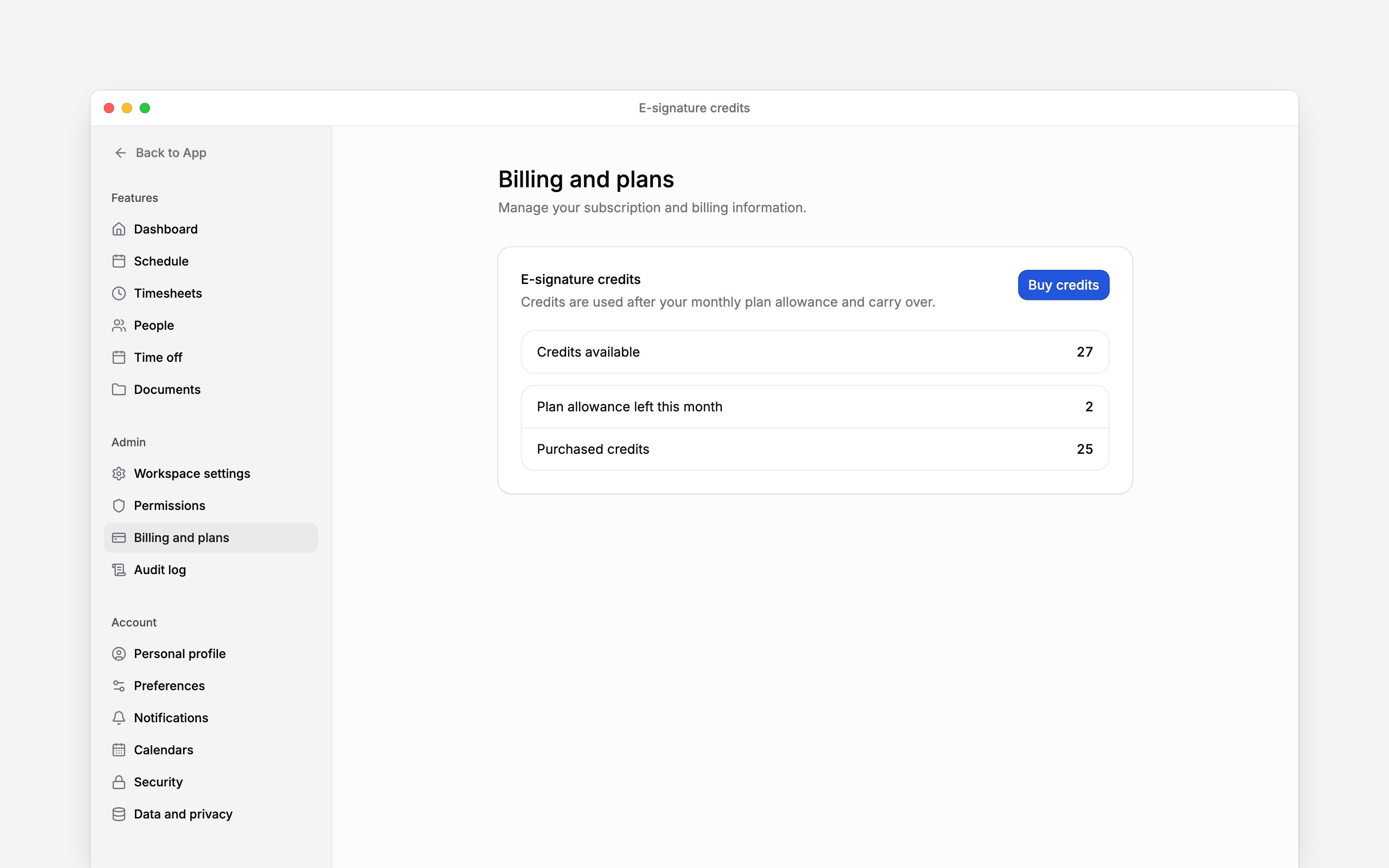 E-signature credits showing remaining monthly allowance, purchased credits and Buy credits