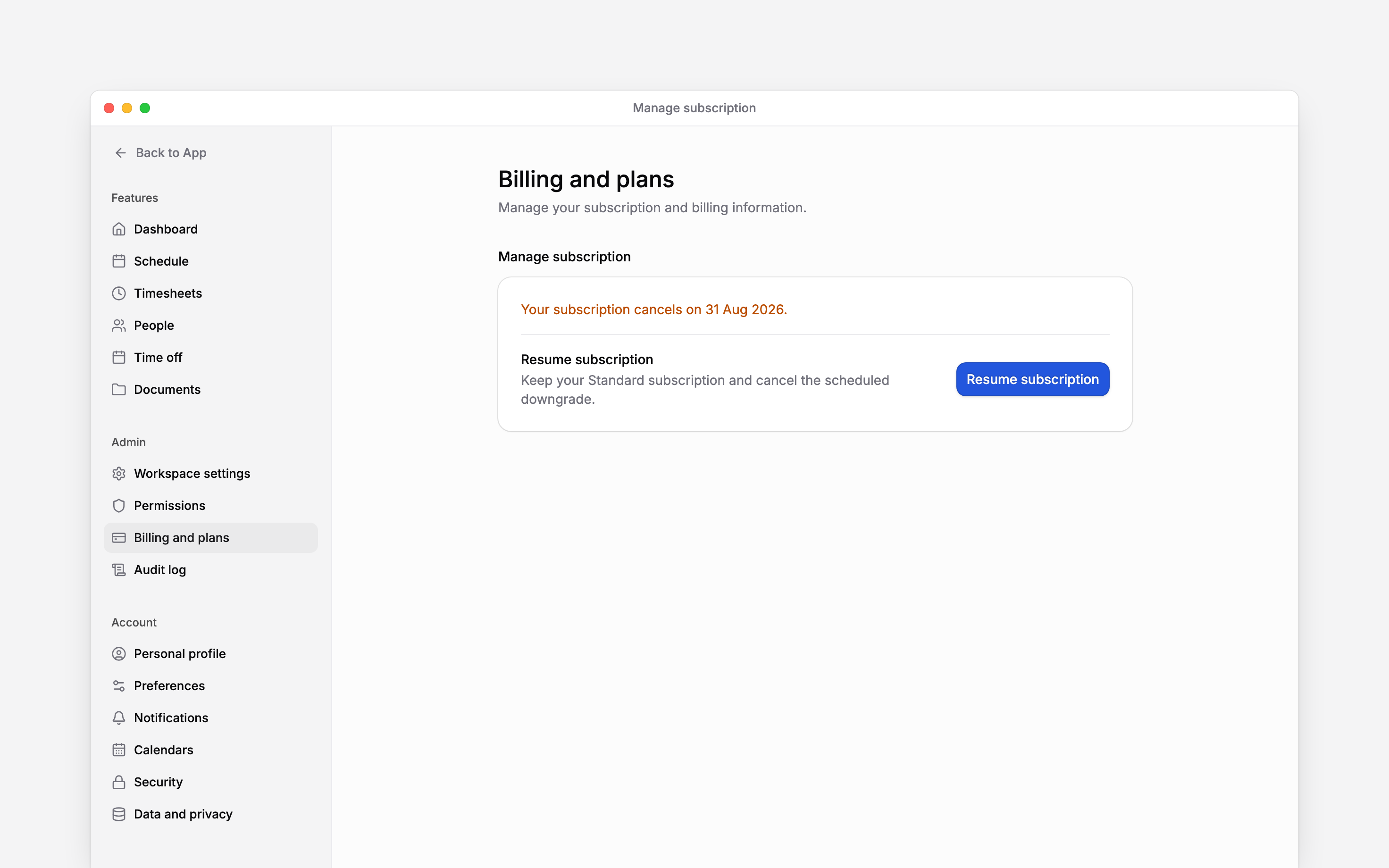 Manage subscription showing the date a subscription will cancel and a Resume subscription button