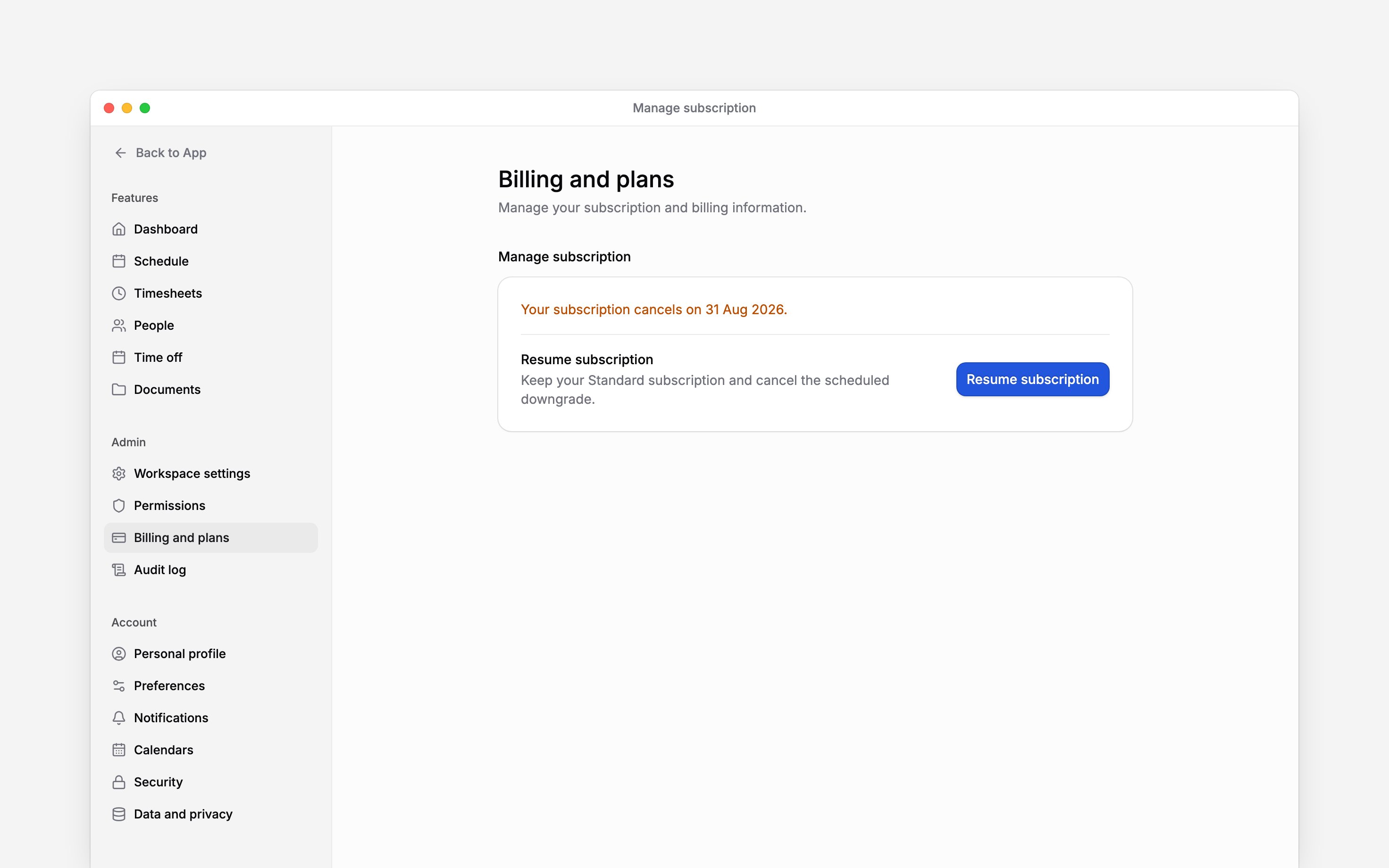 Manage subscription showing the date a subscription will cancel and a Resume subscription button