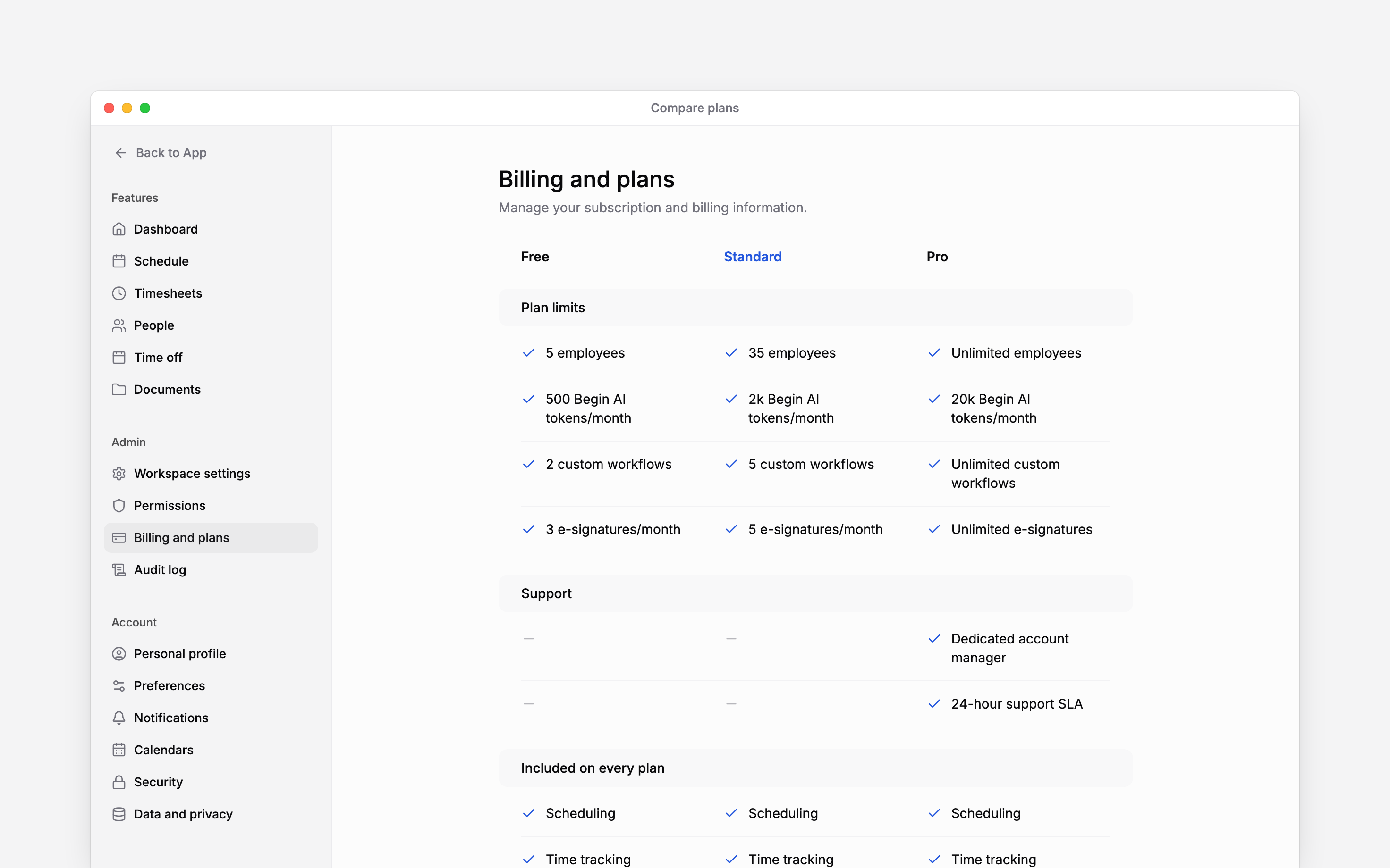 The plan comparison showing Free, Standard and Pro limits above features included on every plan