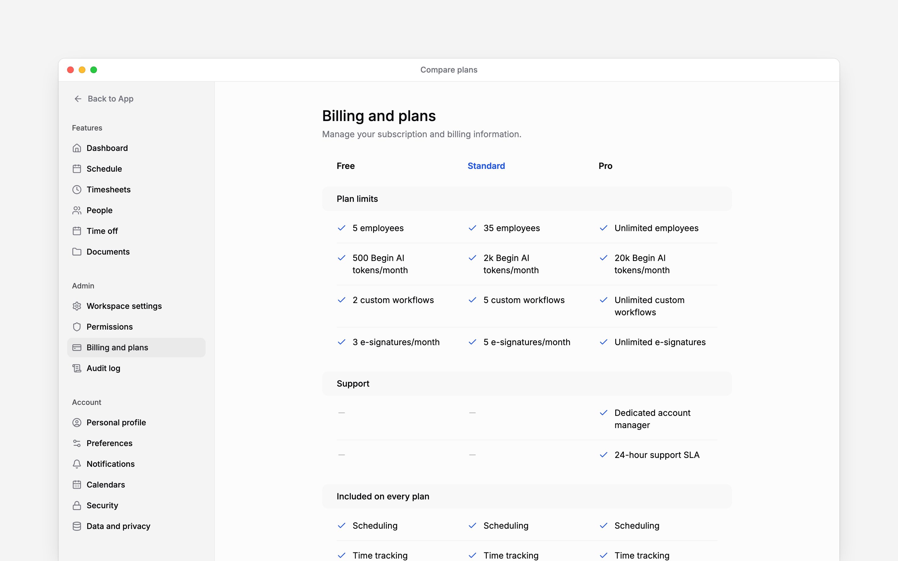 The plan comparison showing Free, Standard and Pro limits above features included on every plan