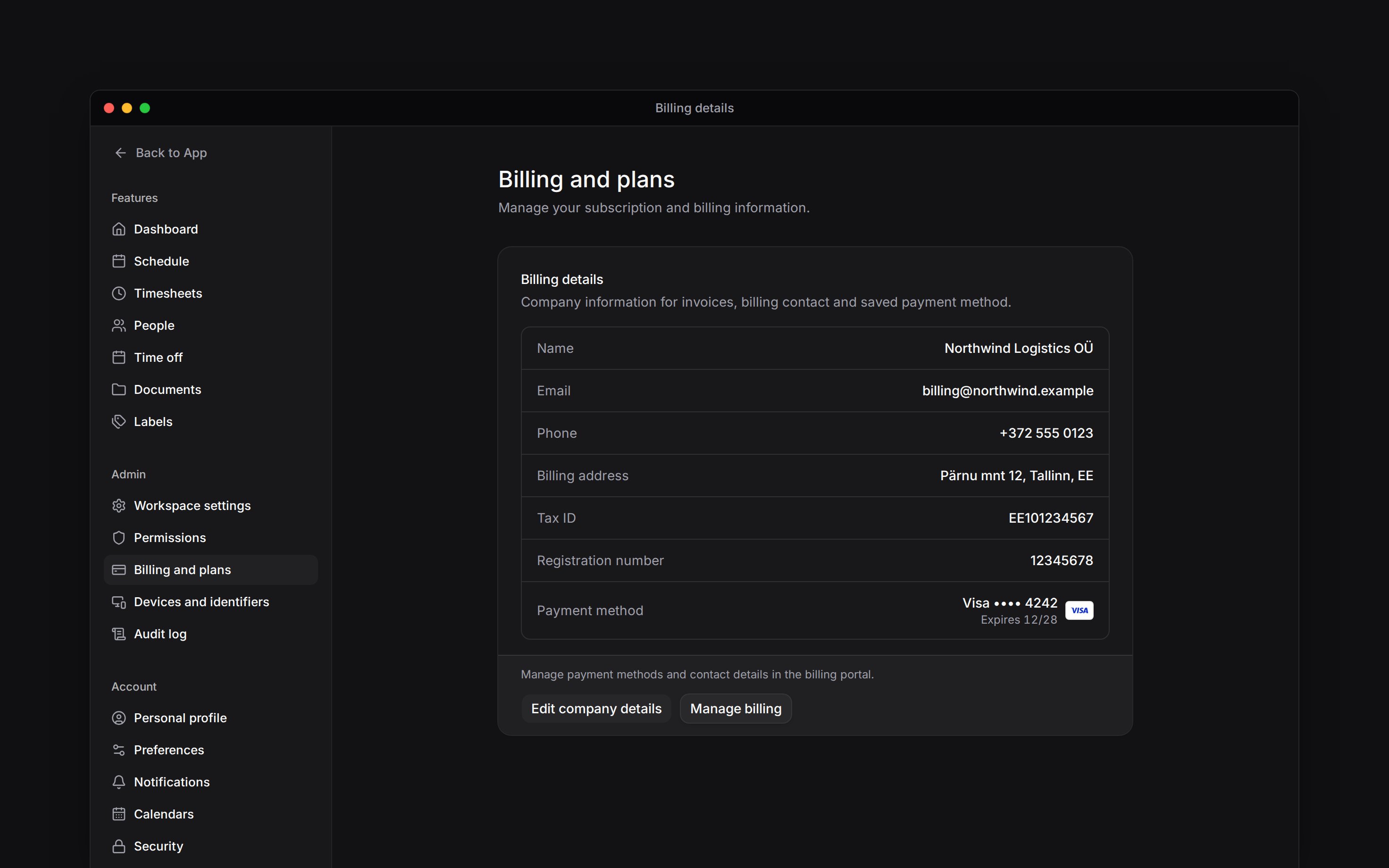 Billing details showing the workspace billing contact, address, Tax ID, Visa card and Manage billing button