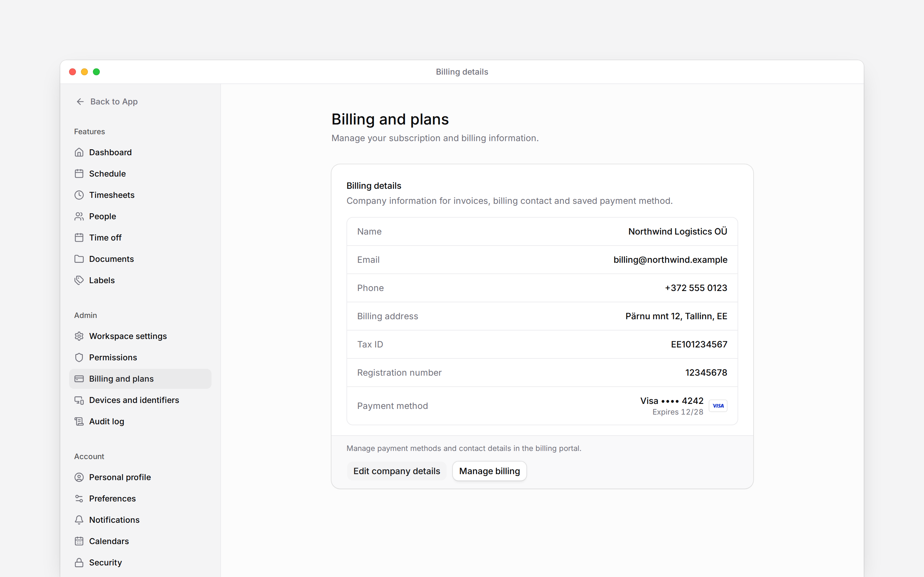 Billing details showing the workspace billing contact, address, Tax ID, Visa card and Manage billing button