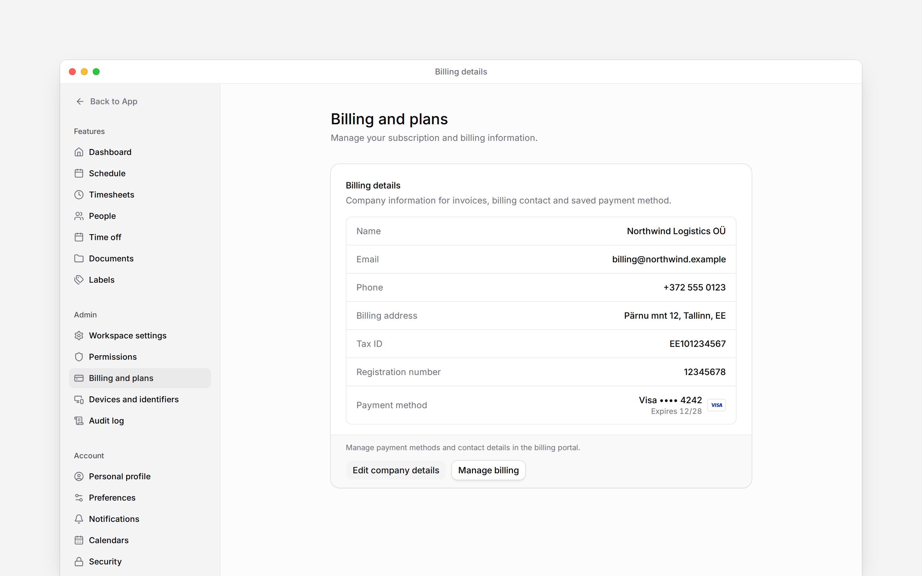 Billing details showing the workspace billing contact, address, Tax ID, Visa card and Manage billing button