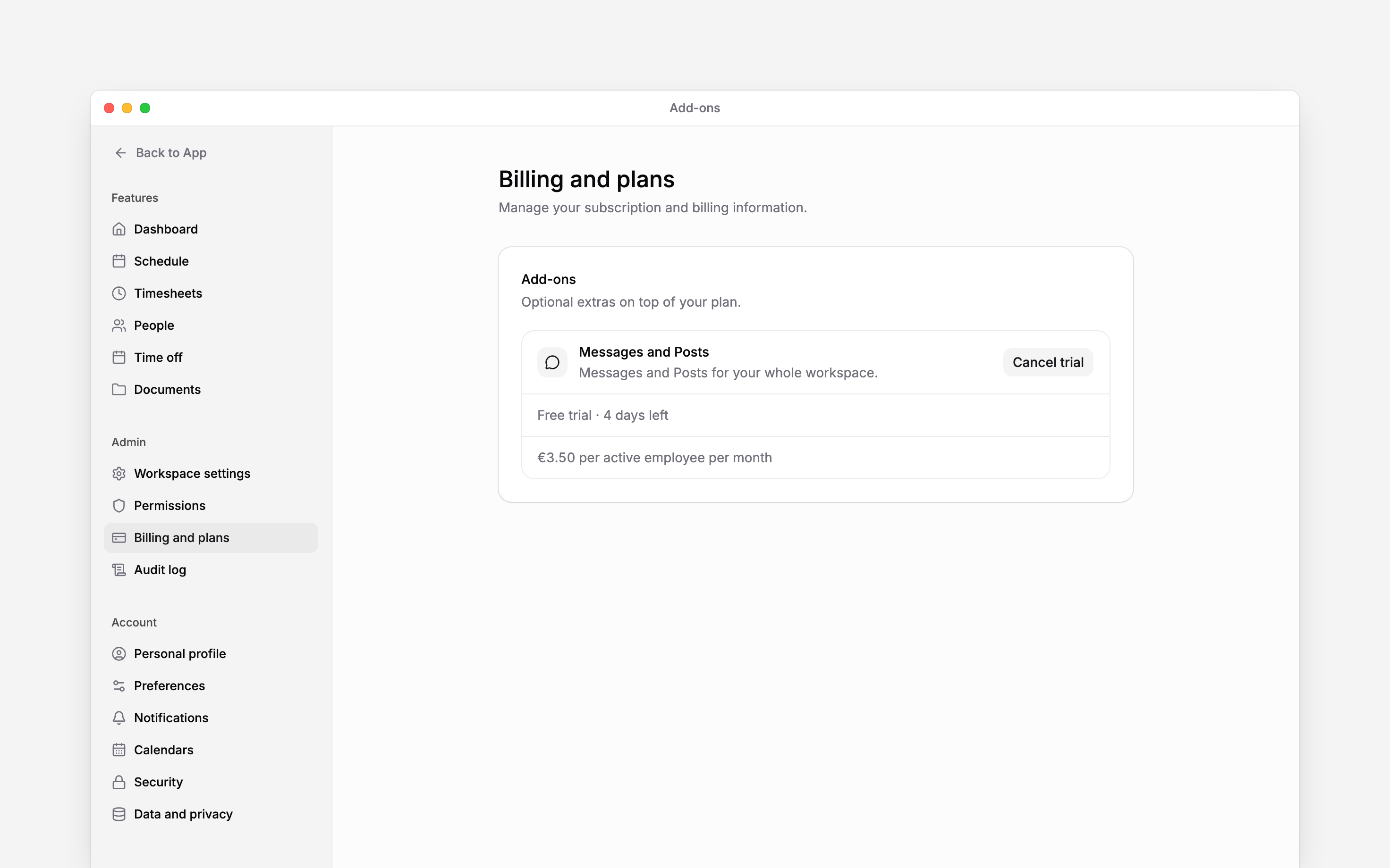 The Add-ons card showing Messages and Posts with a free trial and its days remaining