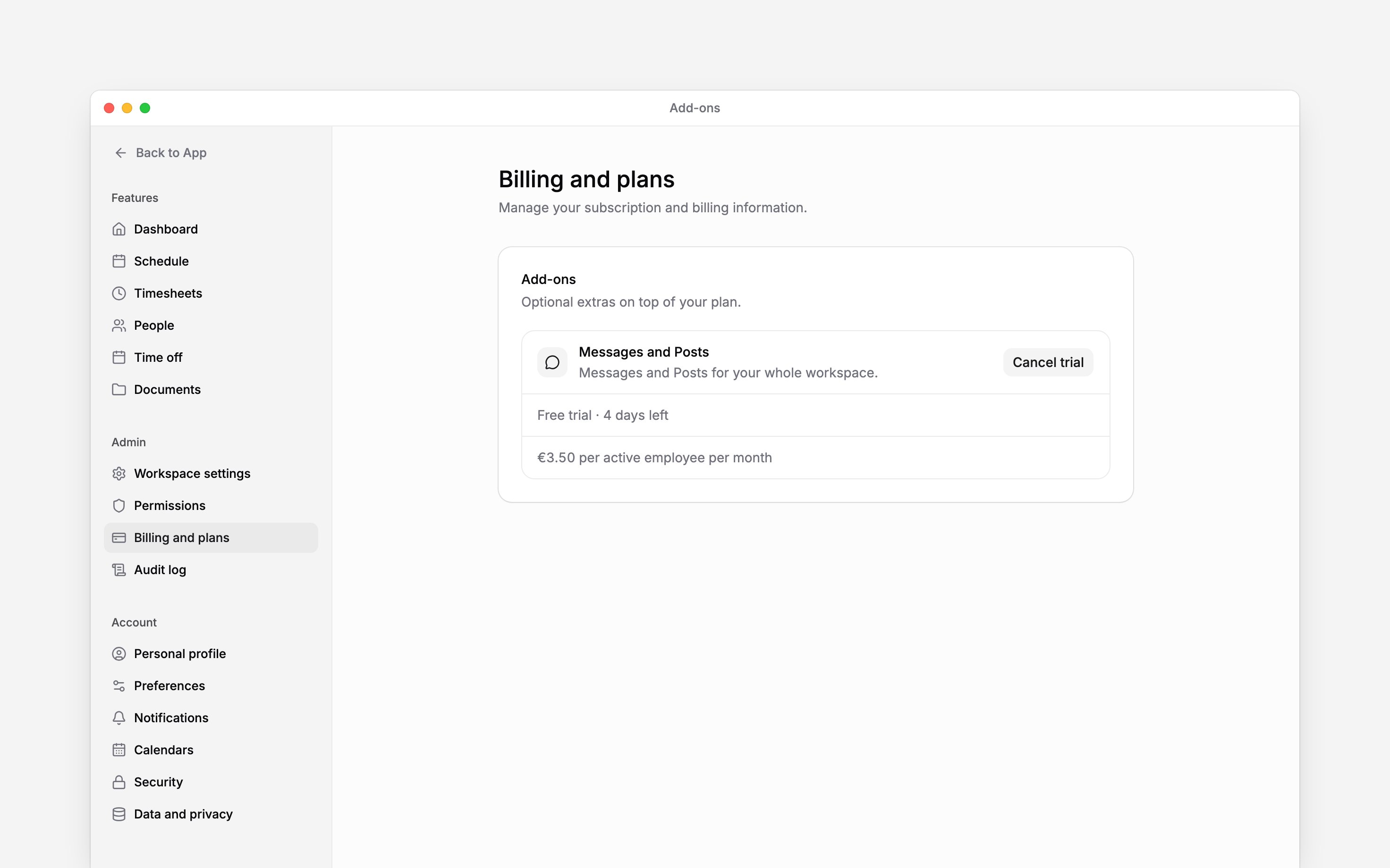 The Add-ons card showing Messages and Posts with a free trial and its days remaining