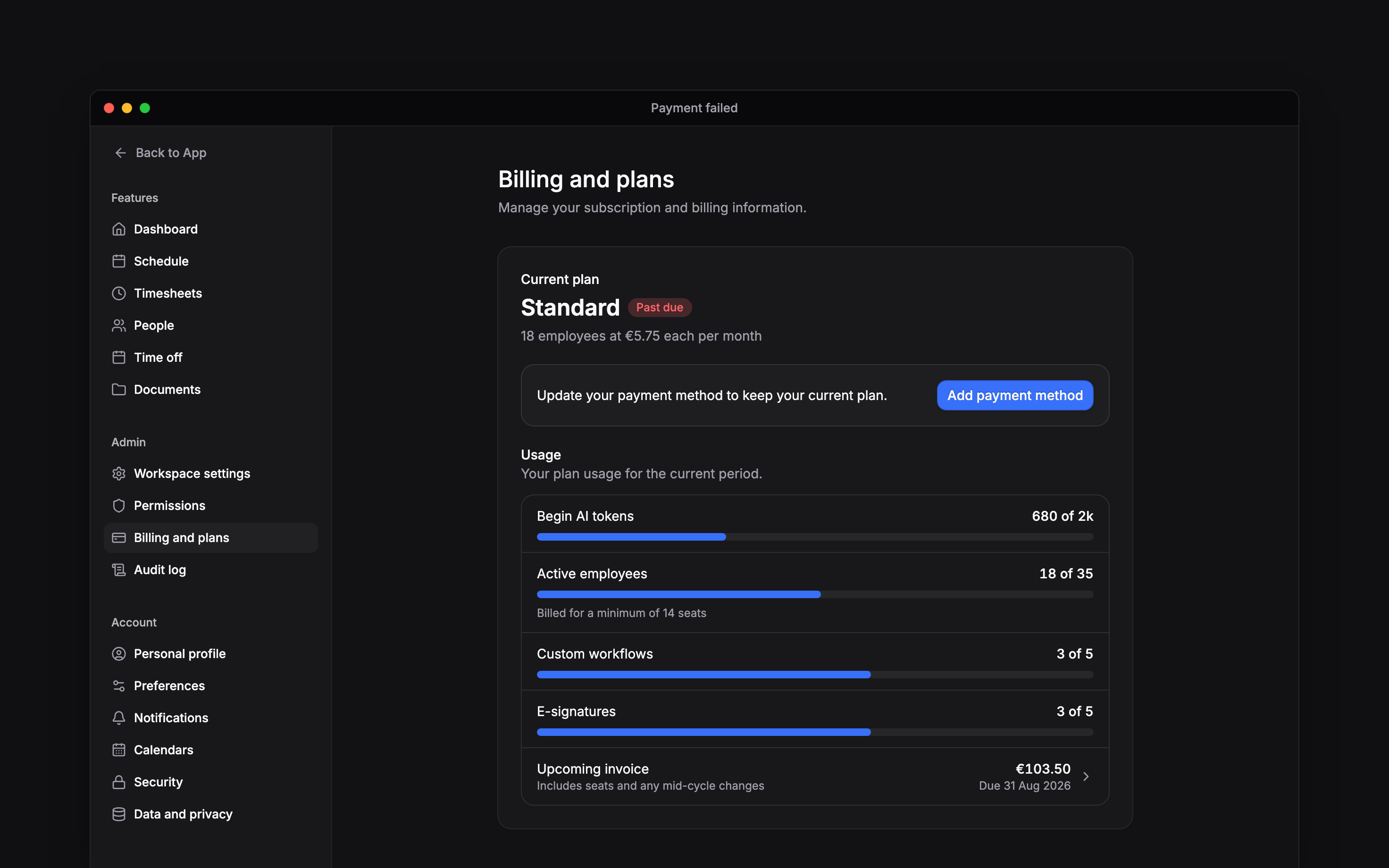 The Current plan card marked Past due with an Update your payment method prompt