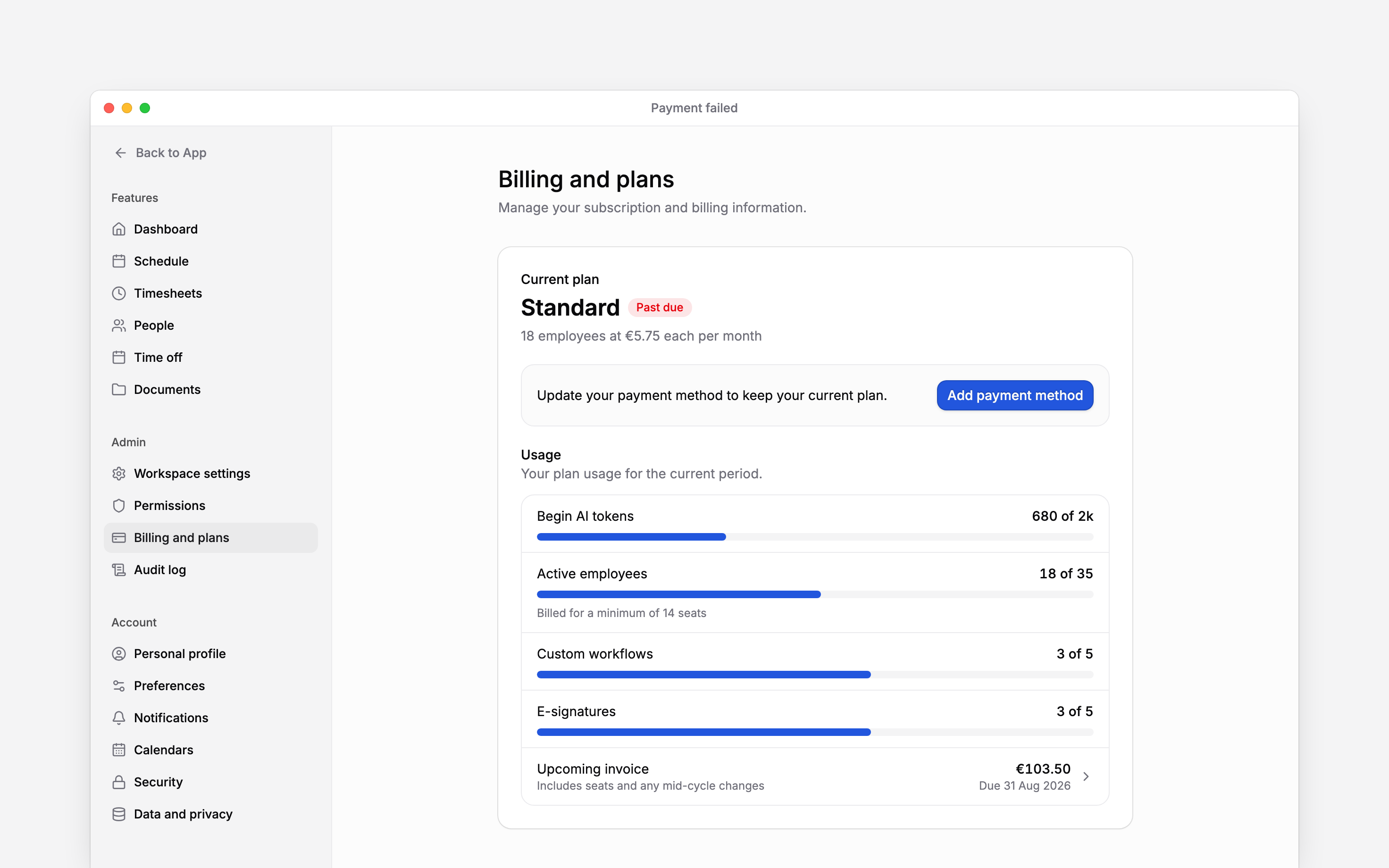 The Current plan card marked Past due with an Update your payment method prompt