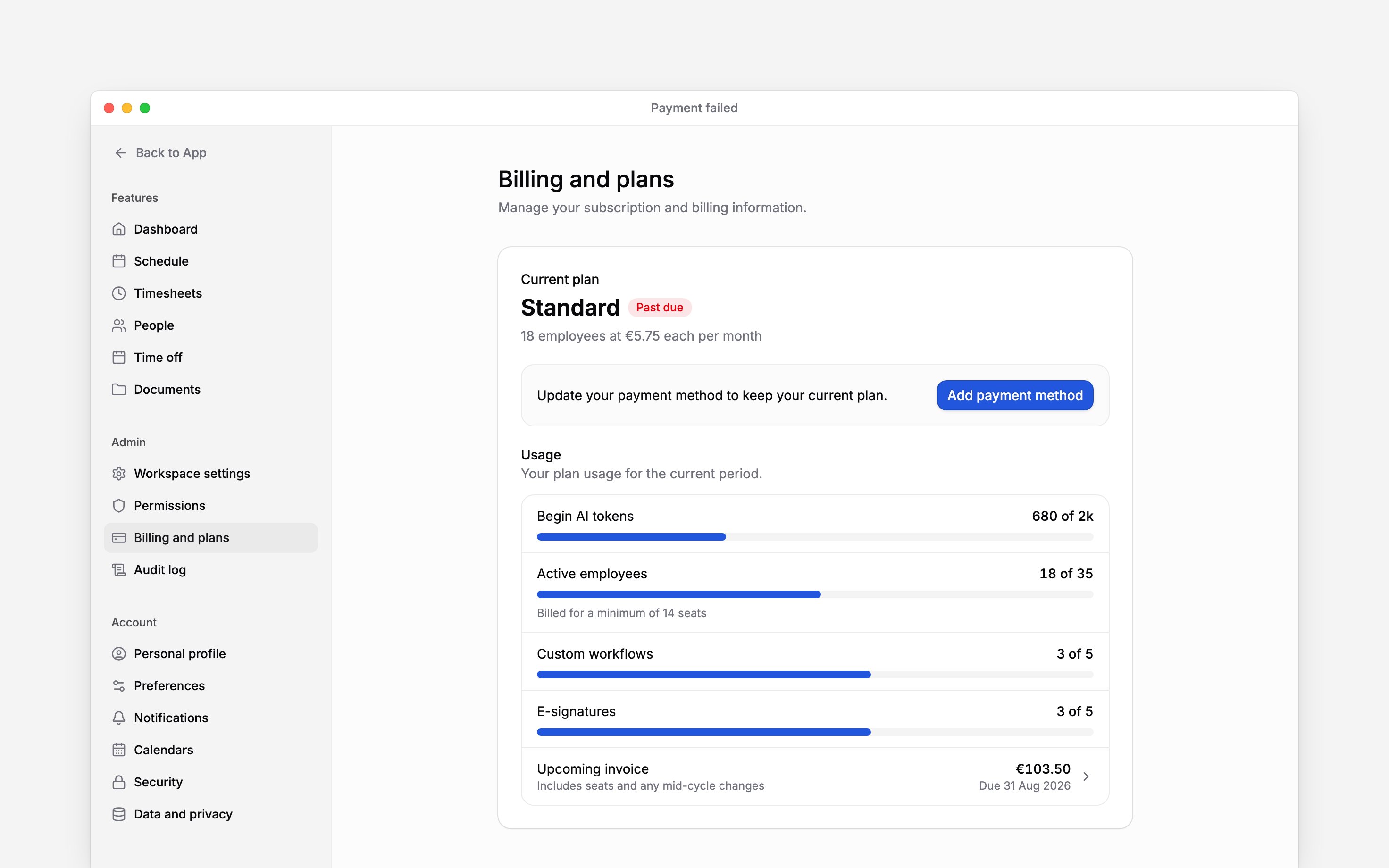 The Current plan card marked Past due with an Update your payment method prompt