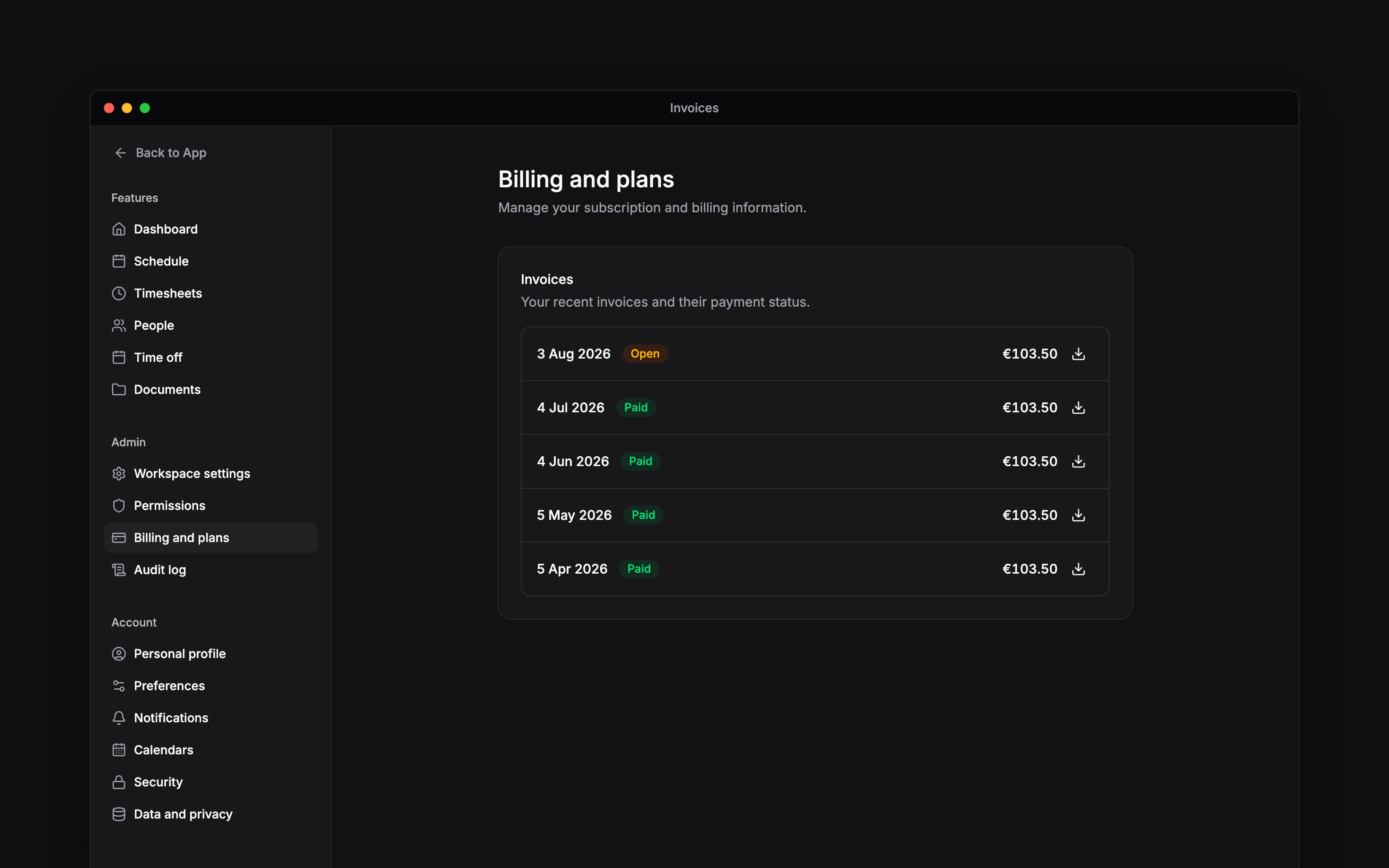 Recent invoices with payment dates, Paid and Open statuses, amounts and download controls