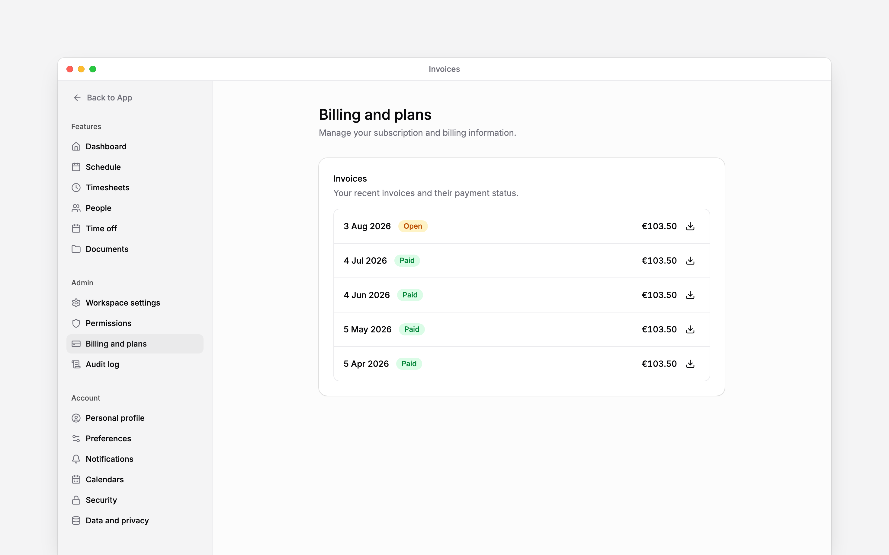 Recent invoices with payment dates, Paid and Open statuses, amounts and download controls
