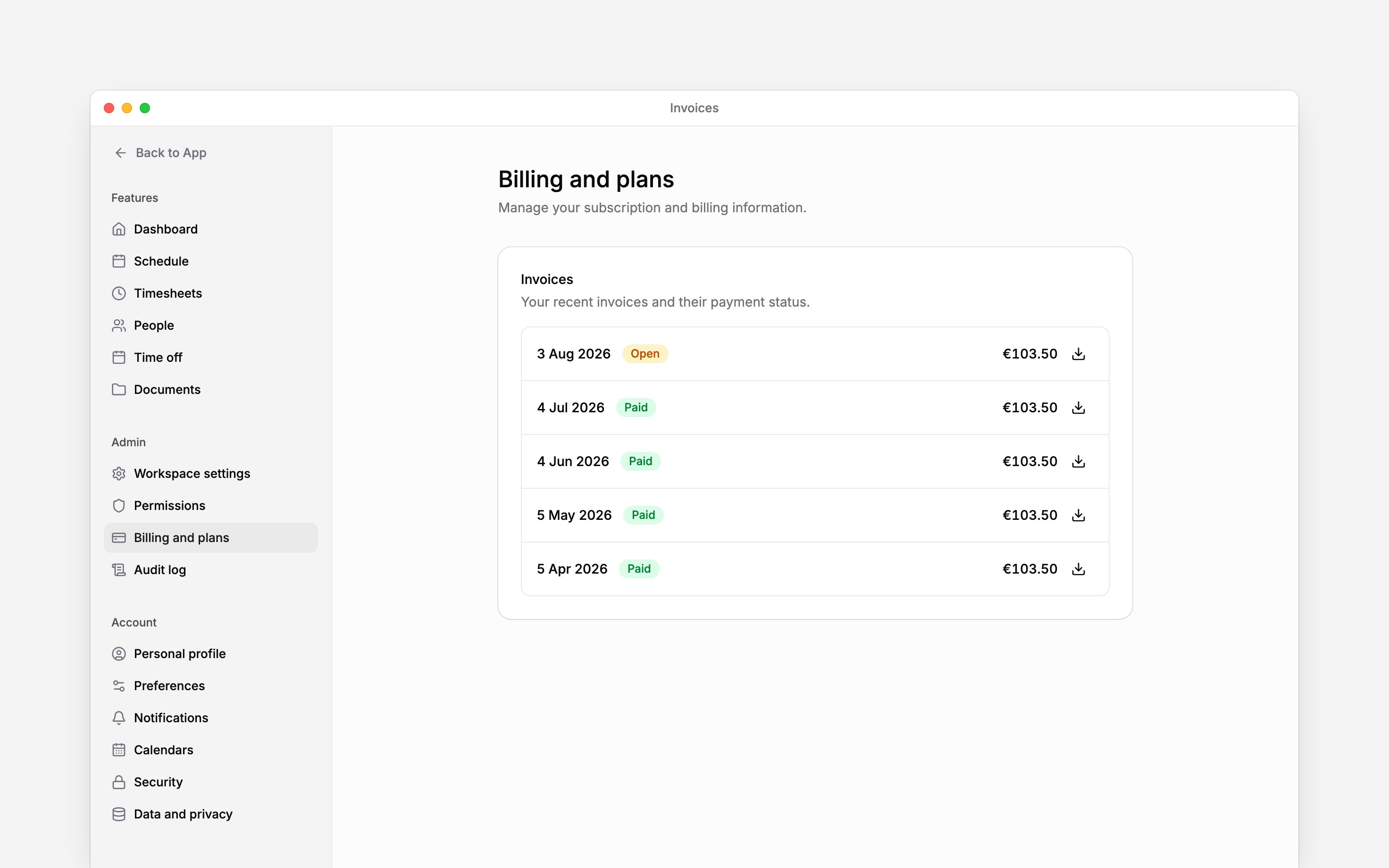 Recent invoices with payment dates, Paid and Open statuses, amounts and download controls