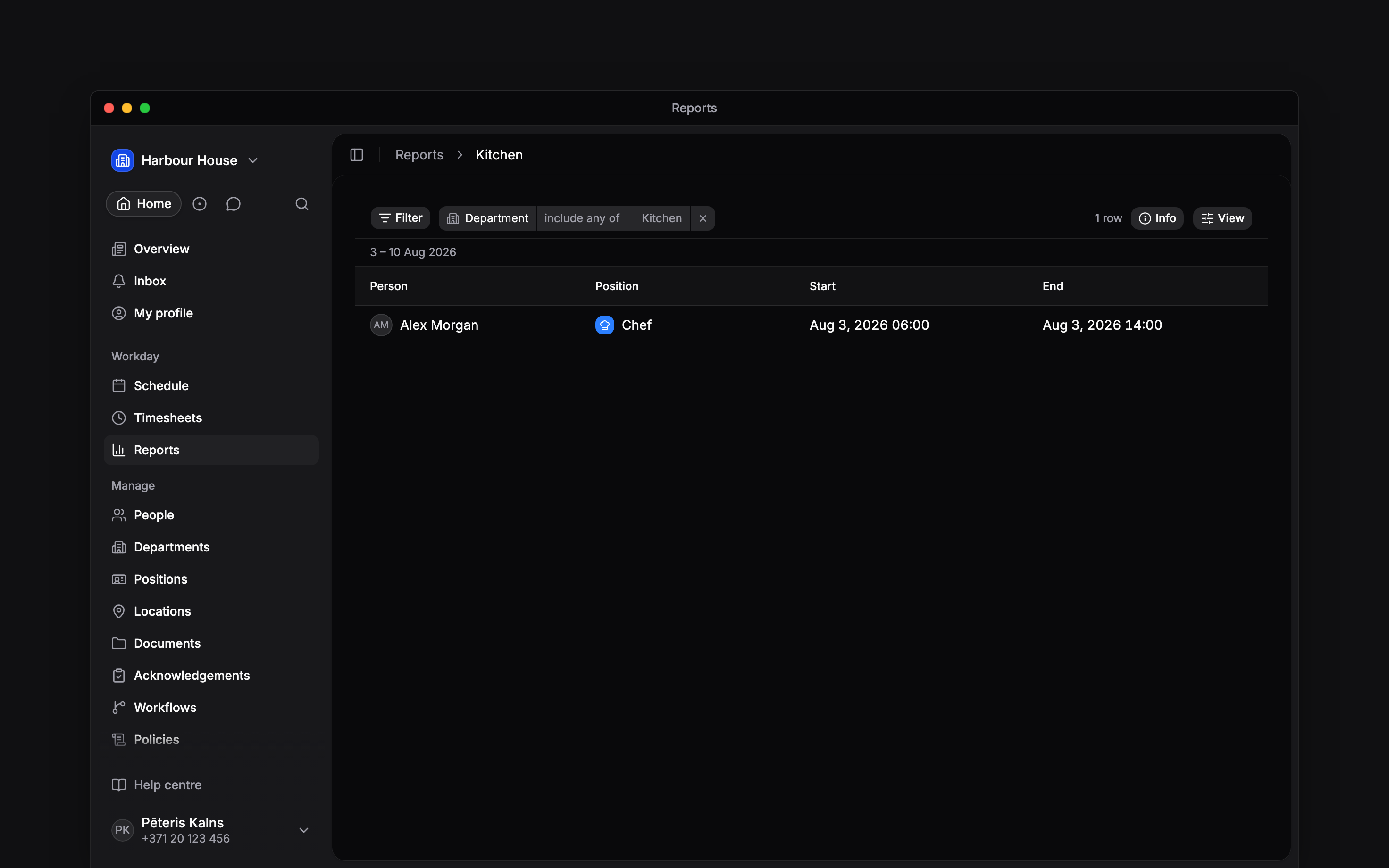 A report with a Department filter set to Kitchen