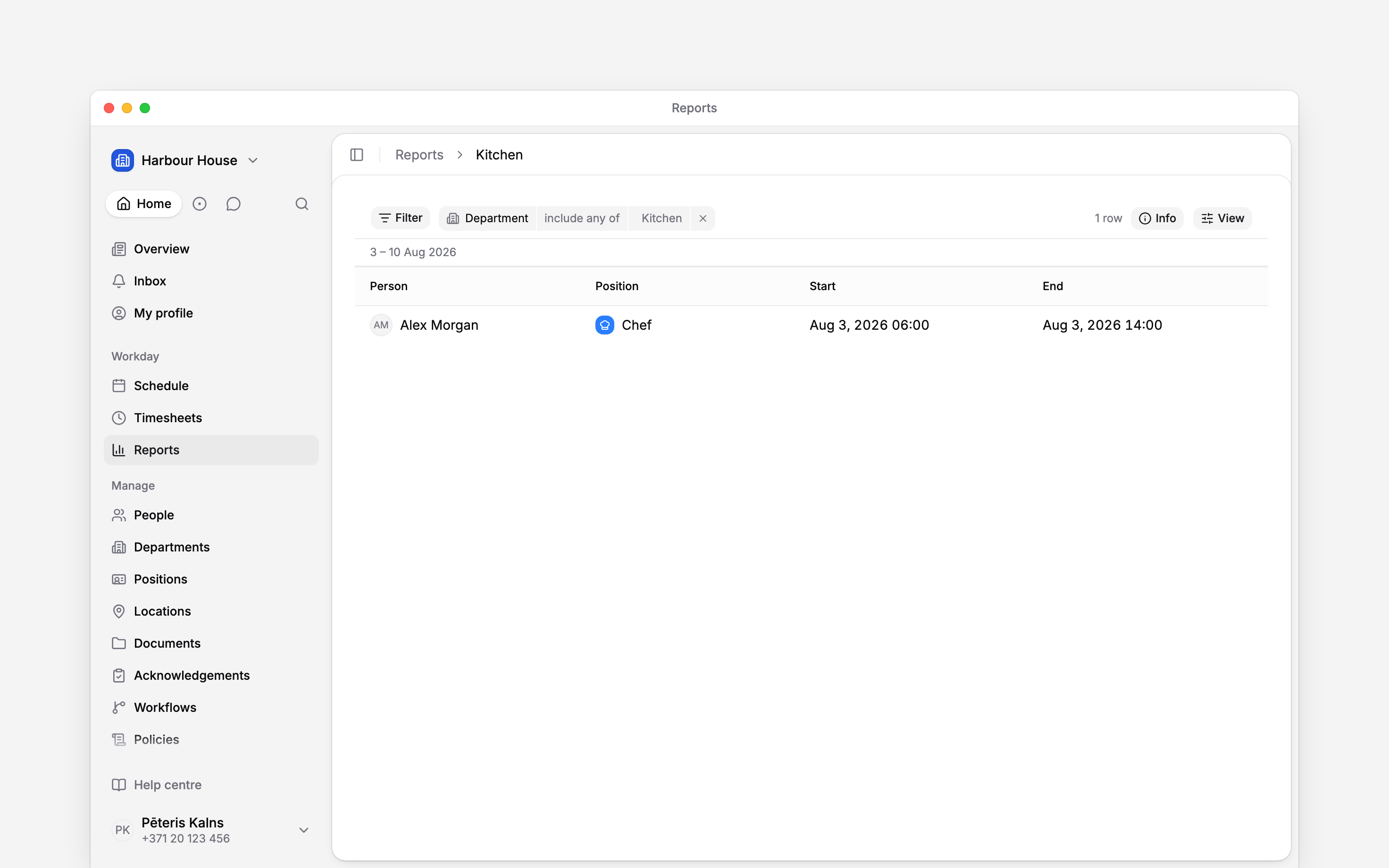 A report with a Department filter set to Kitchen