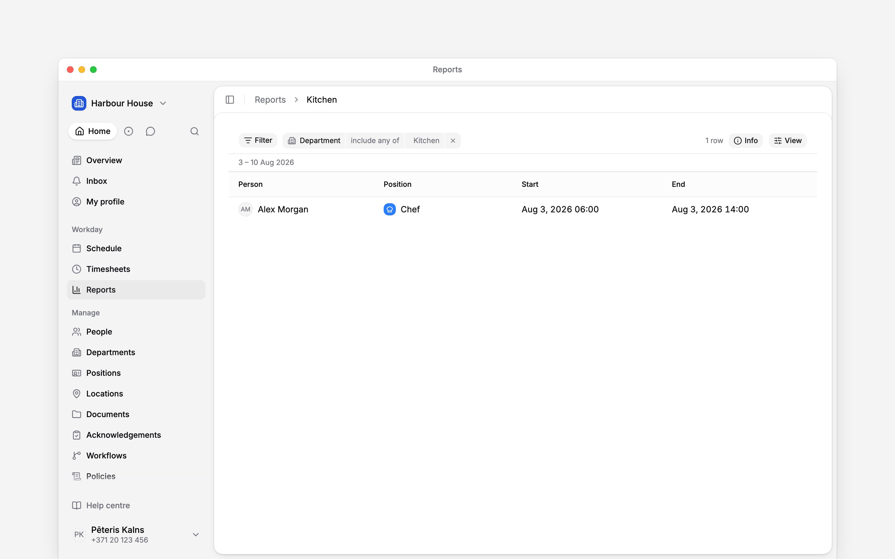 A report with a Department filter set to Kitchen