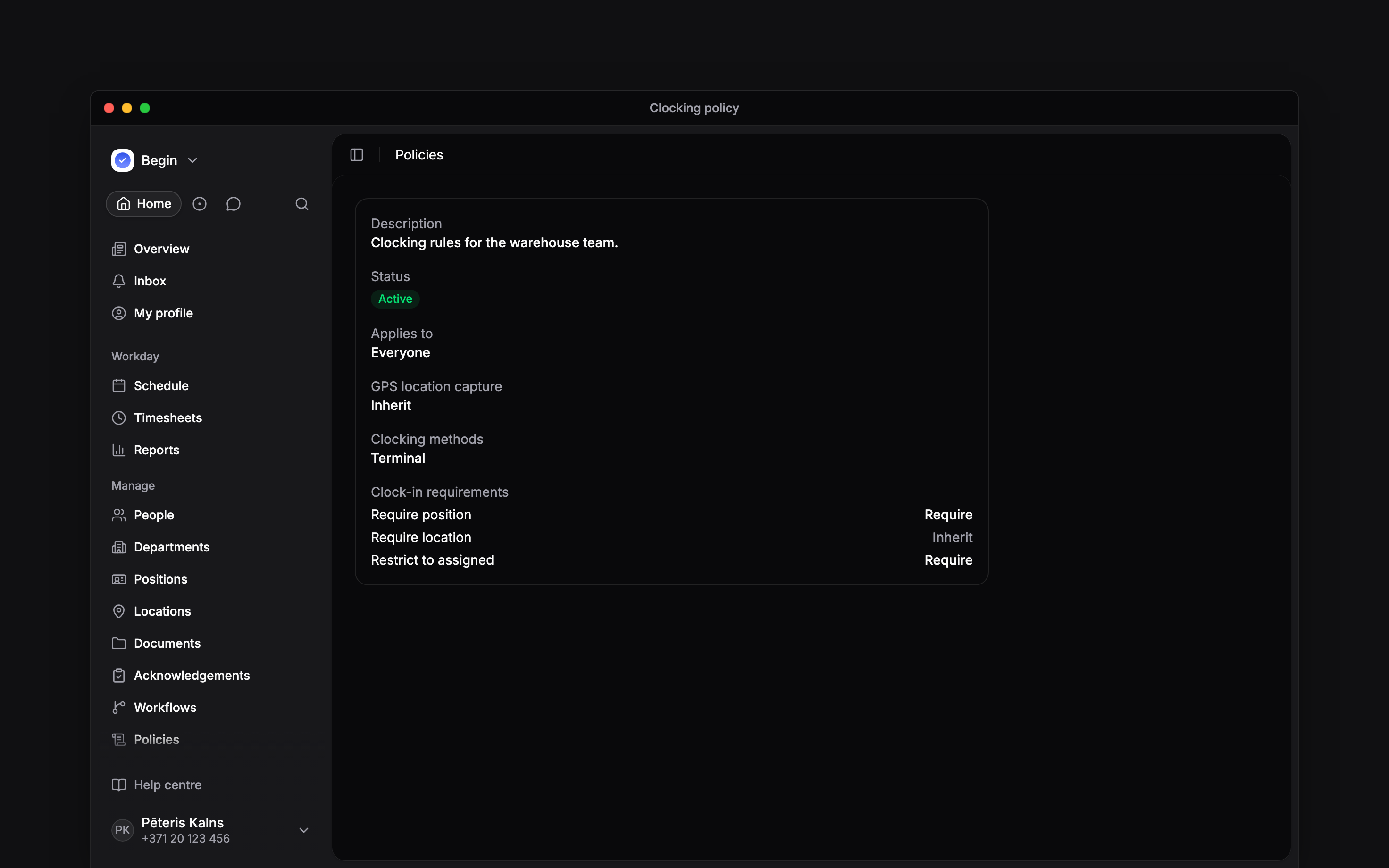 A clocking policy with Terminal enabled alongside position-selection settings