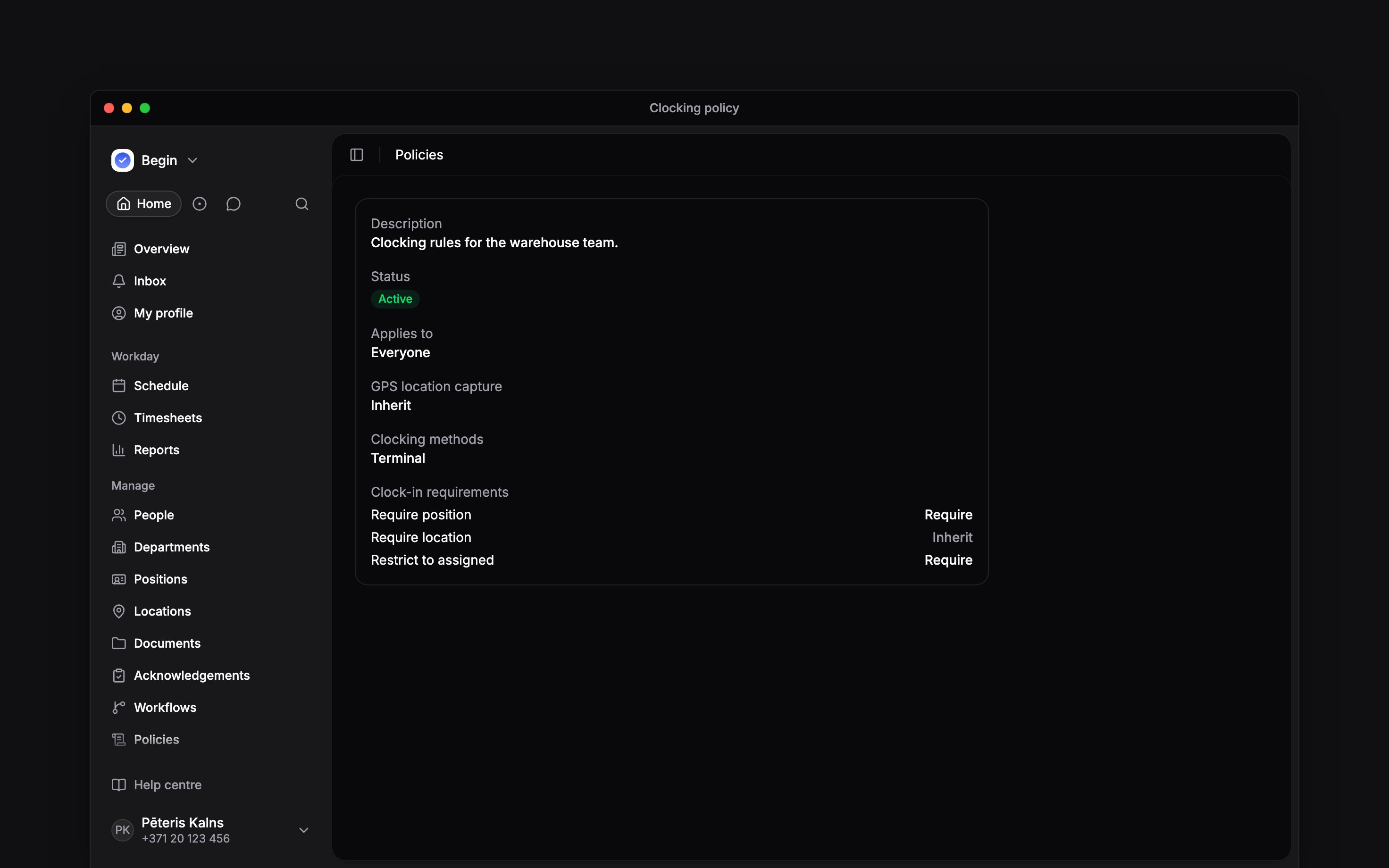 A clocking policy with Terminal enabled alongside position-selection settings