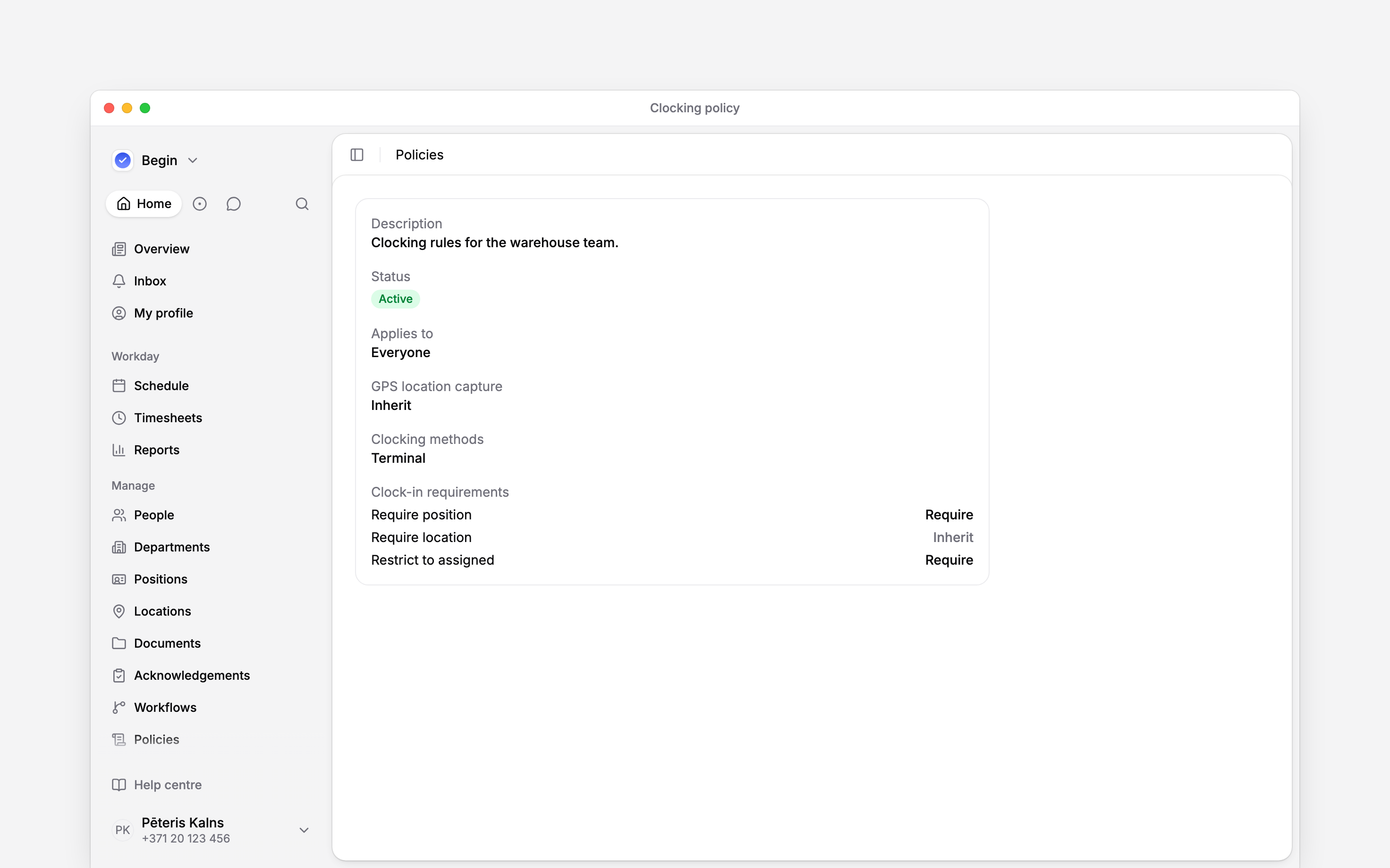 A clocking policy with Terminal enabled alongside position-selection settings