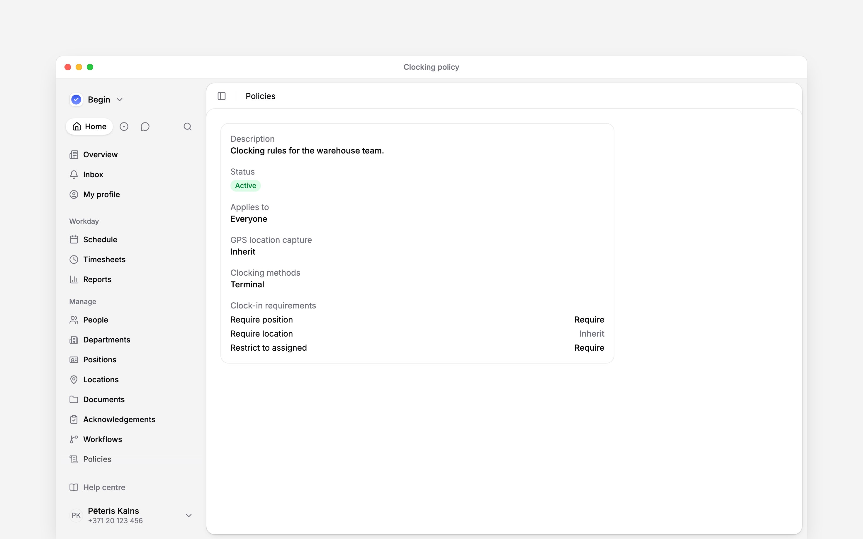 A clocking policy with Terminal enabled alongside position-selection settings