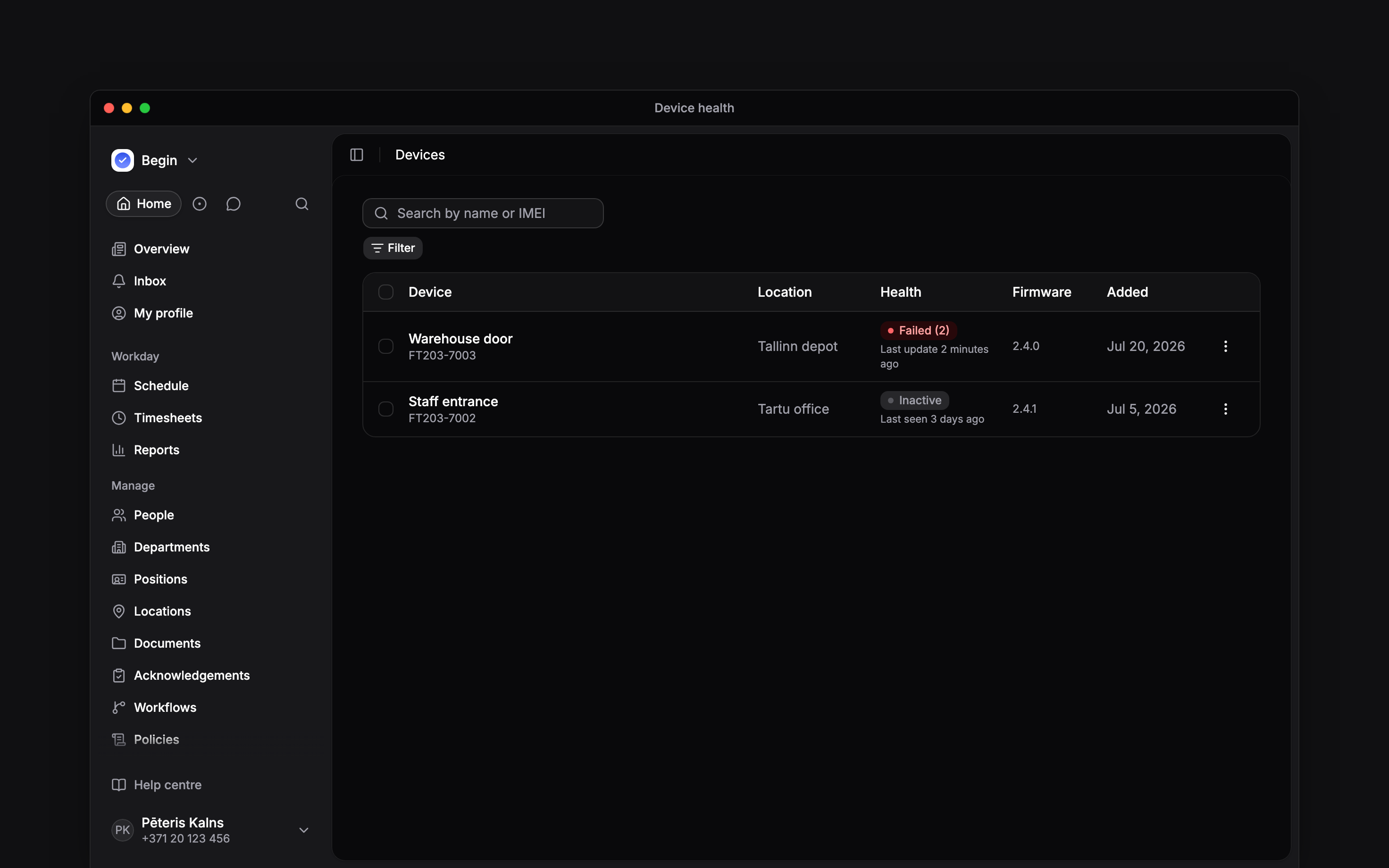 The Devices list showing Warehouse door with two failed identifier syncs and Staff entrance inactive