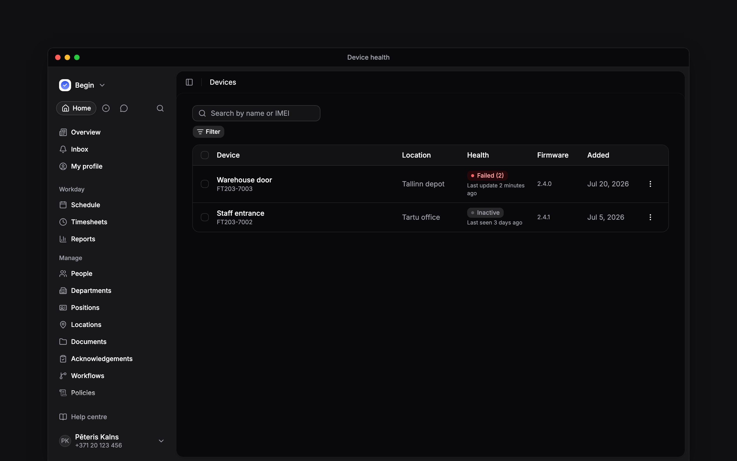 The Devices list showing Warehouse door with two failed identifier syncs and Staff entrance inactive
