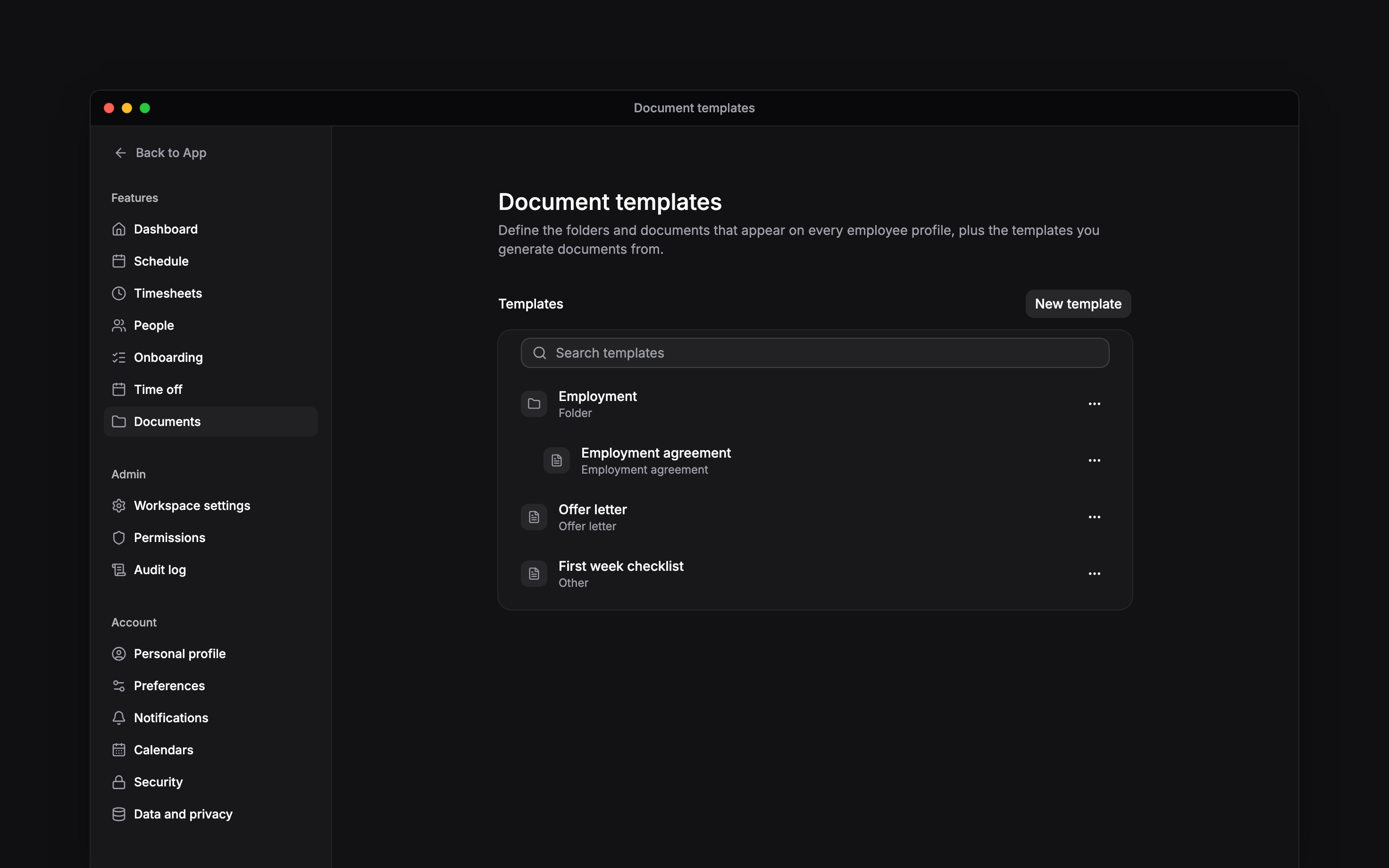 Document templates list with an employment folder, agreement, offer letter and checklist