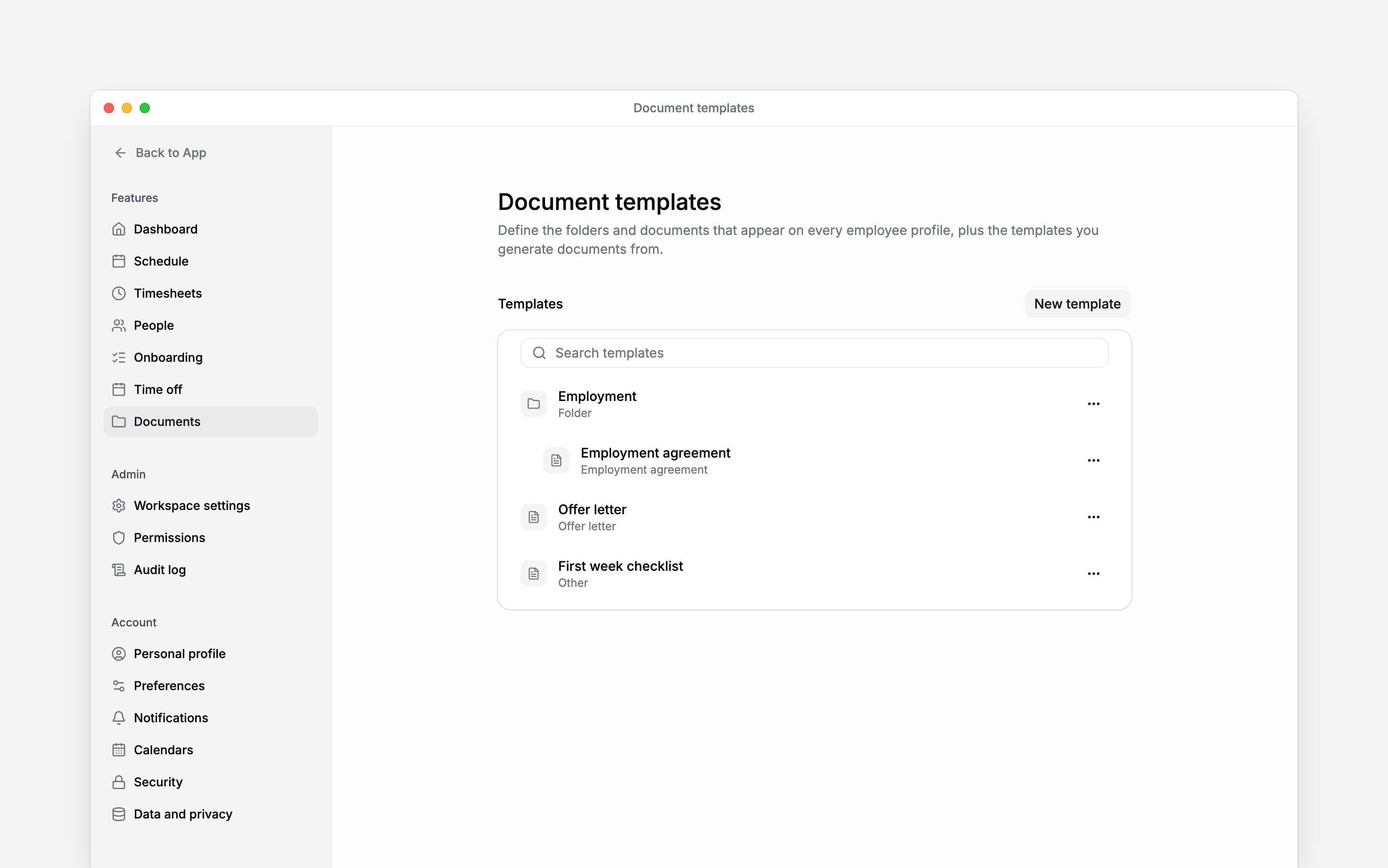 Document templates list with an employment folder, agreement, offer letter and checklist