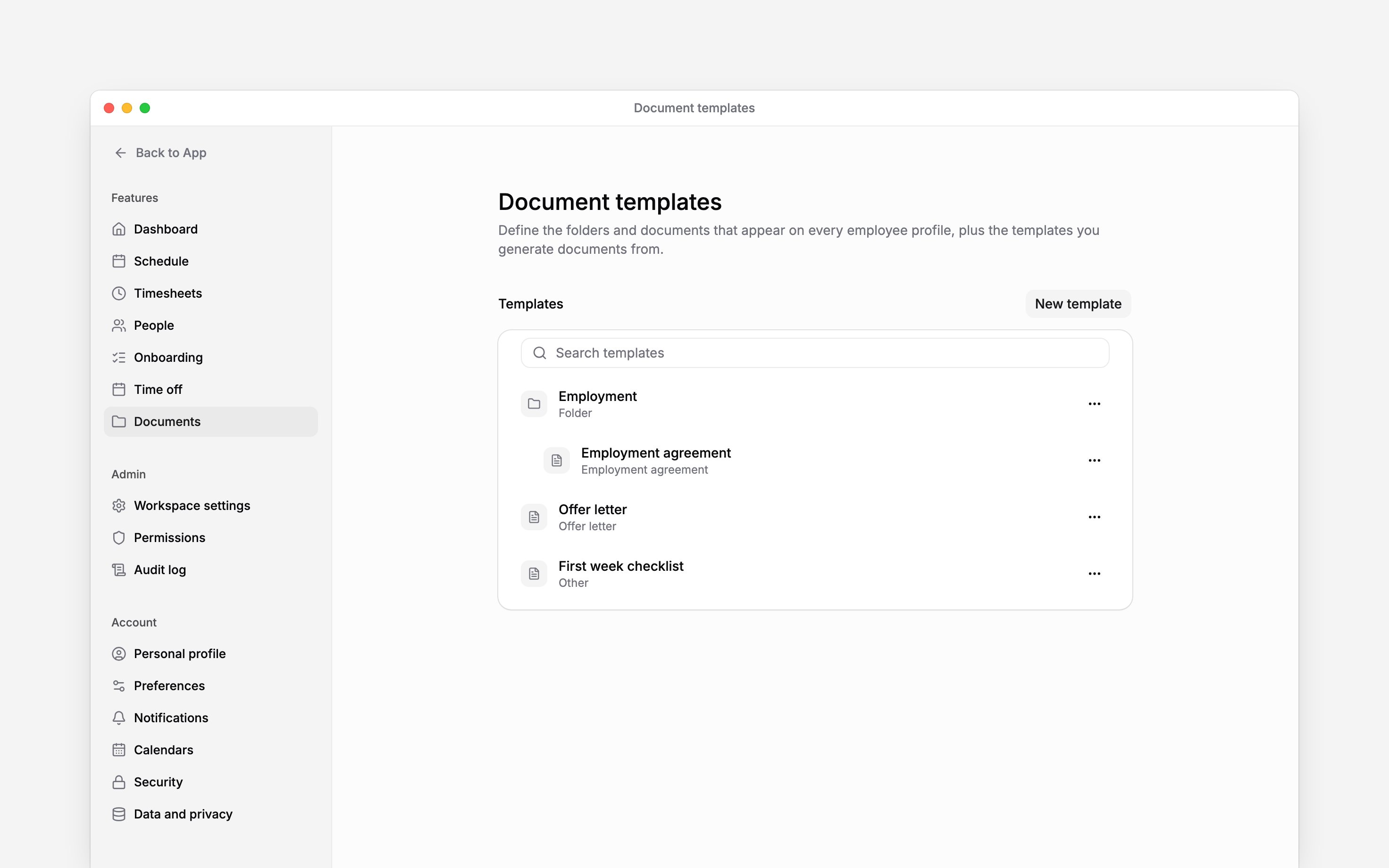Document templates list with an employment folder, agreement, offer letter and checklist