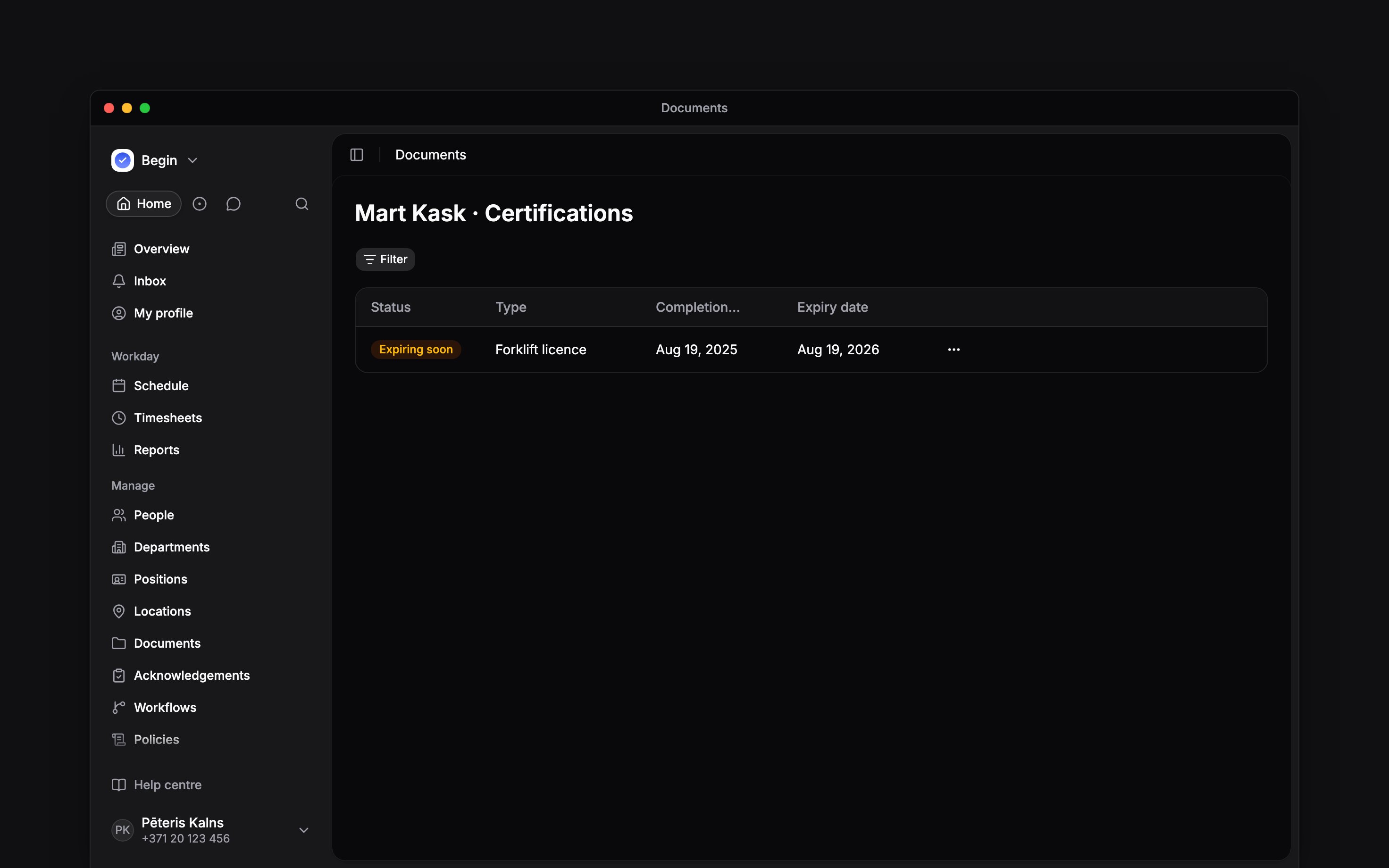 Forklift licence record with completion and expiry dates and Expiring soon status