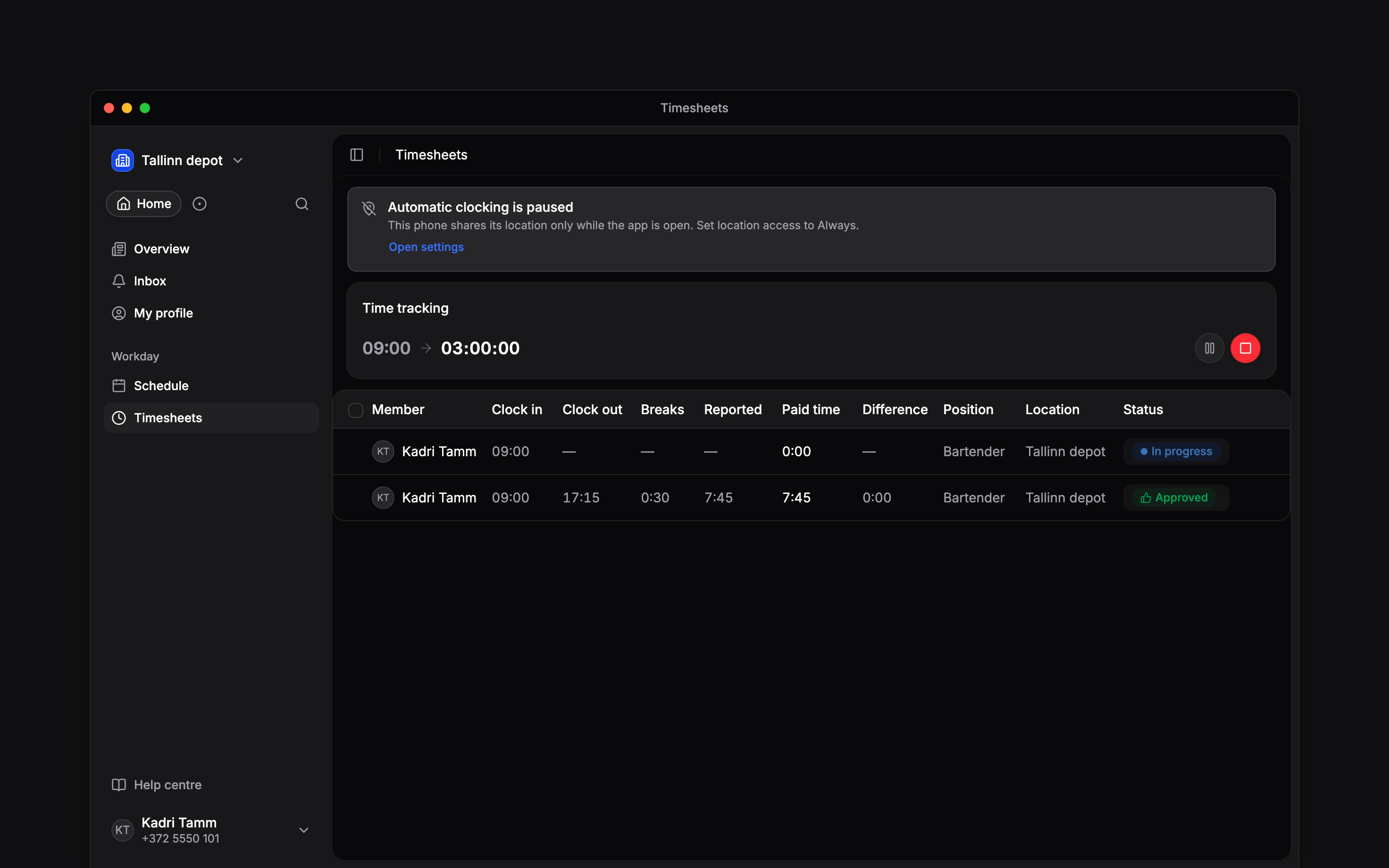 The Automatic clocking paused notice explaining that location permission must be changed