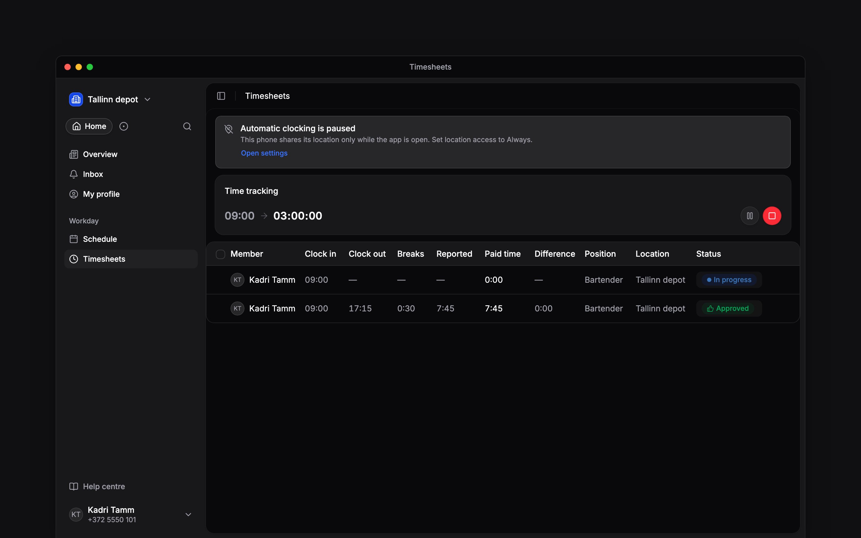 The Automatic clocking paused notice explaining that location permission must be changed
