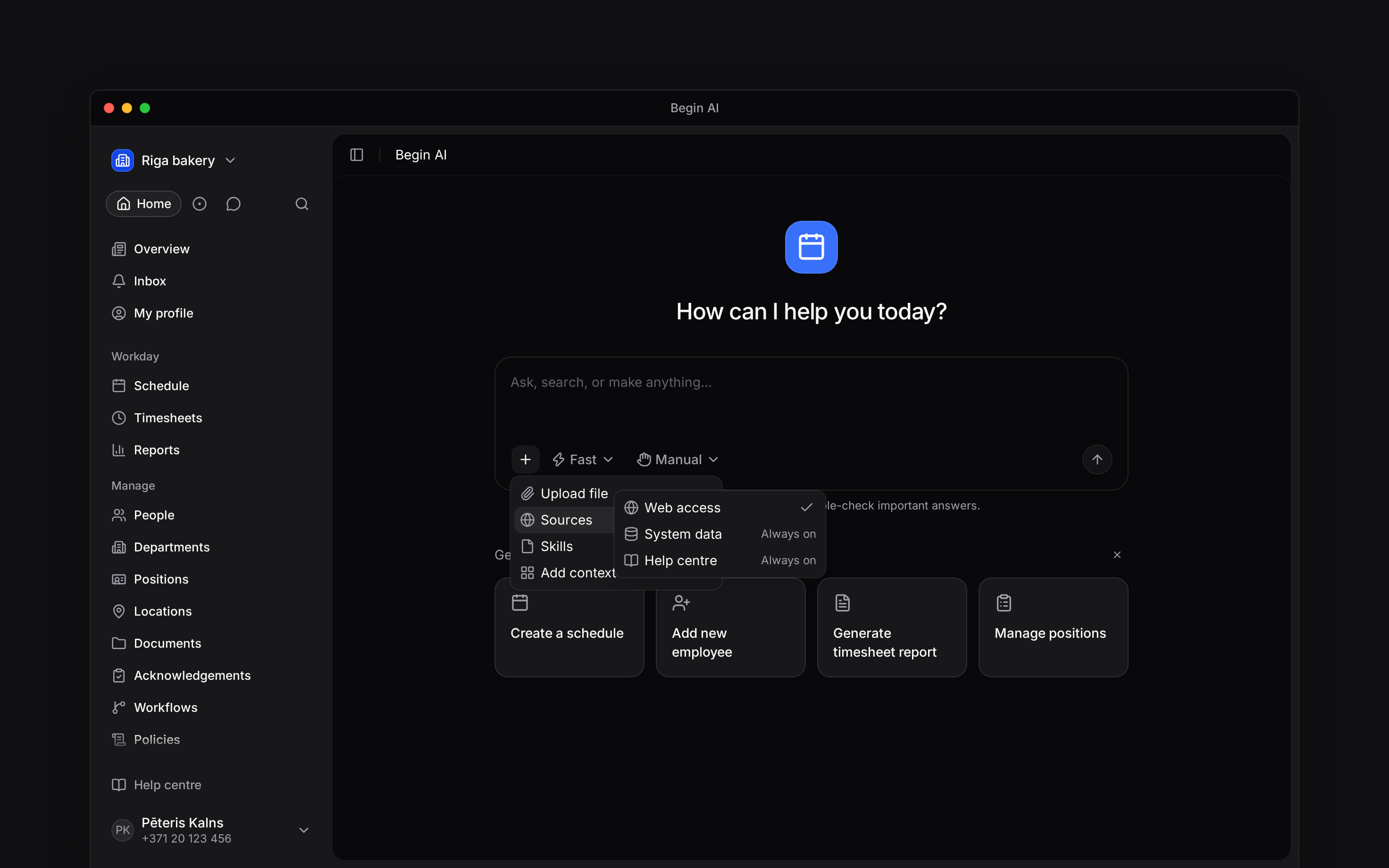 The Begin AI Sources menu with Web access selected and Help centre and System data always on
