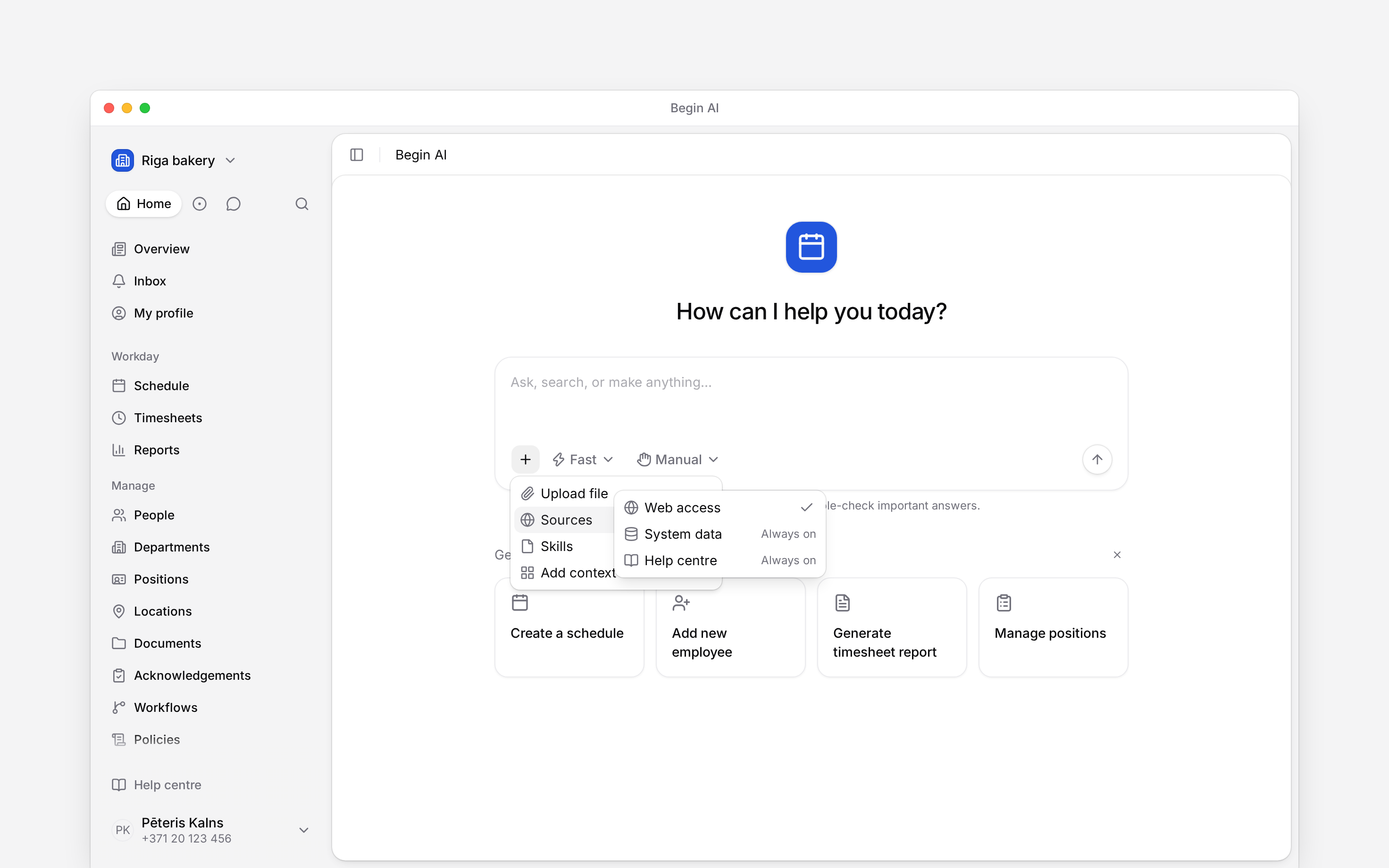 The Begin AI Sources menu with Web access selected and Help centre and System data always on
