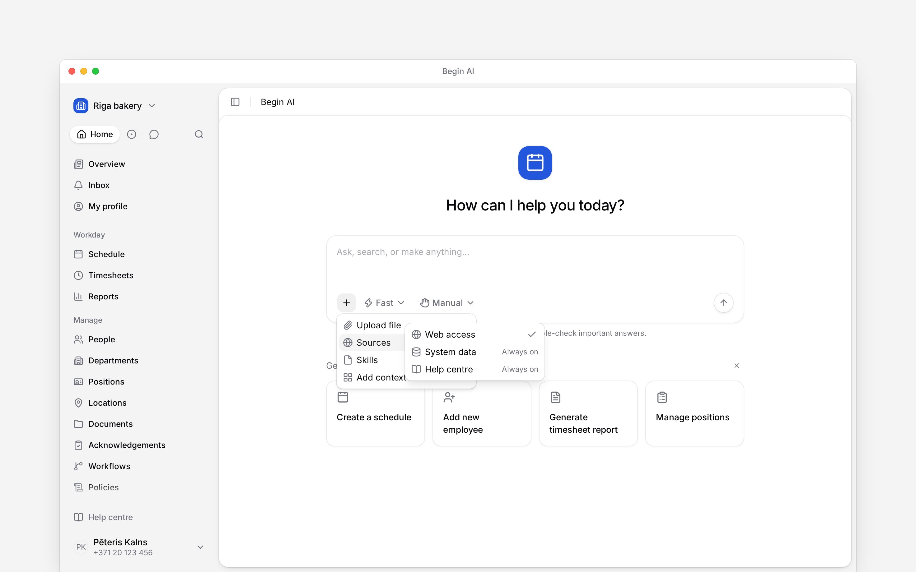 The Begin AI Sources menu with Web access selected and Help centre and System data always on