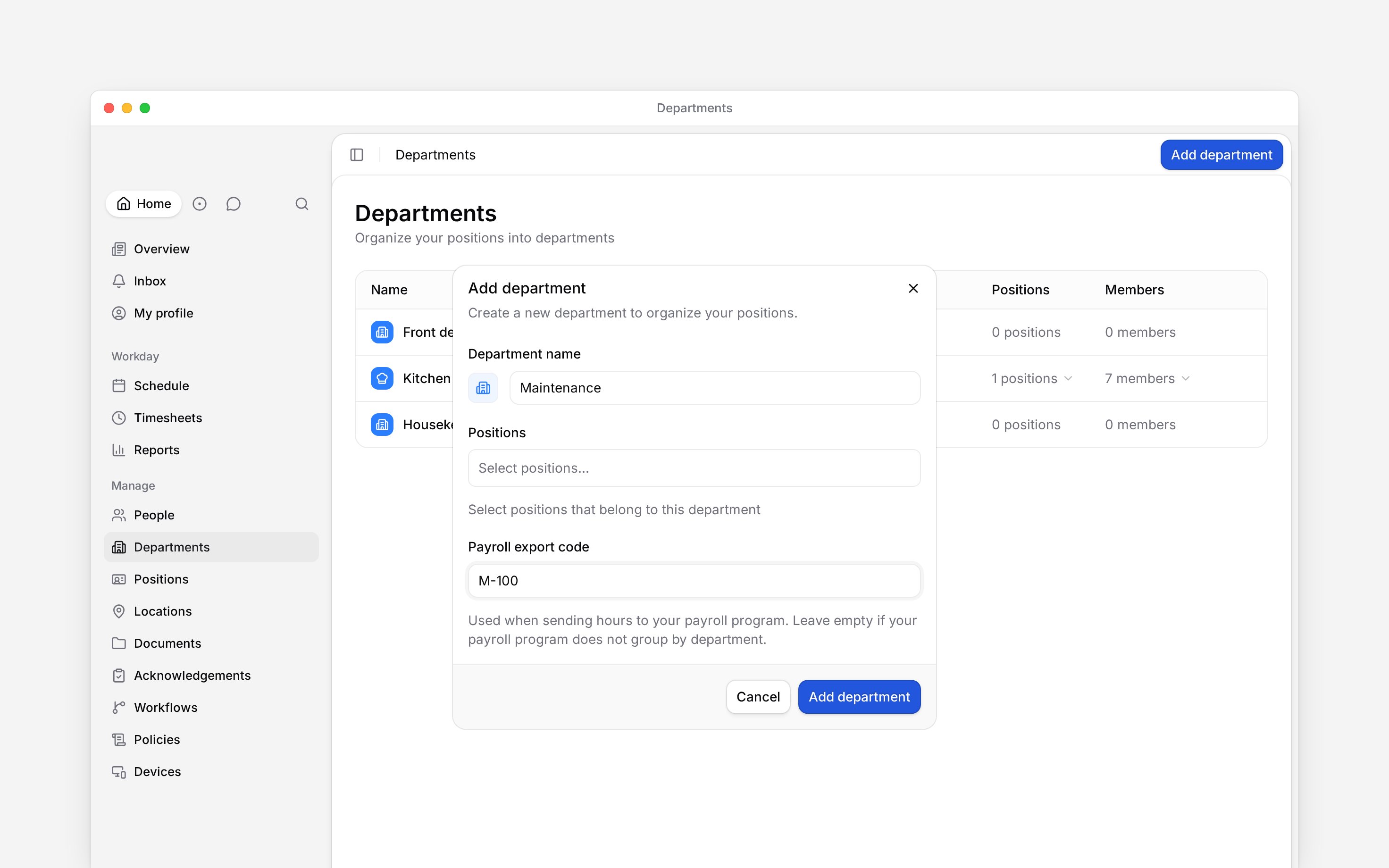 The Add department dialog with Department name, Positions and Payroll export code