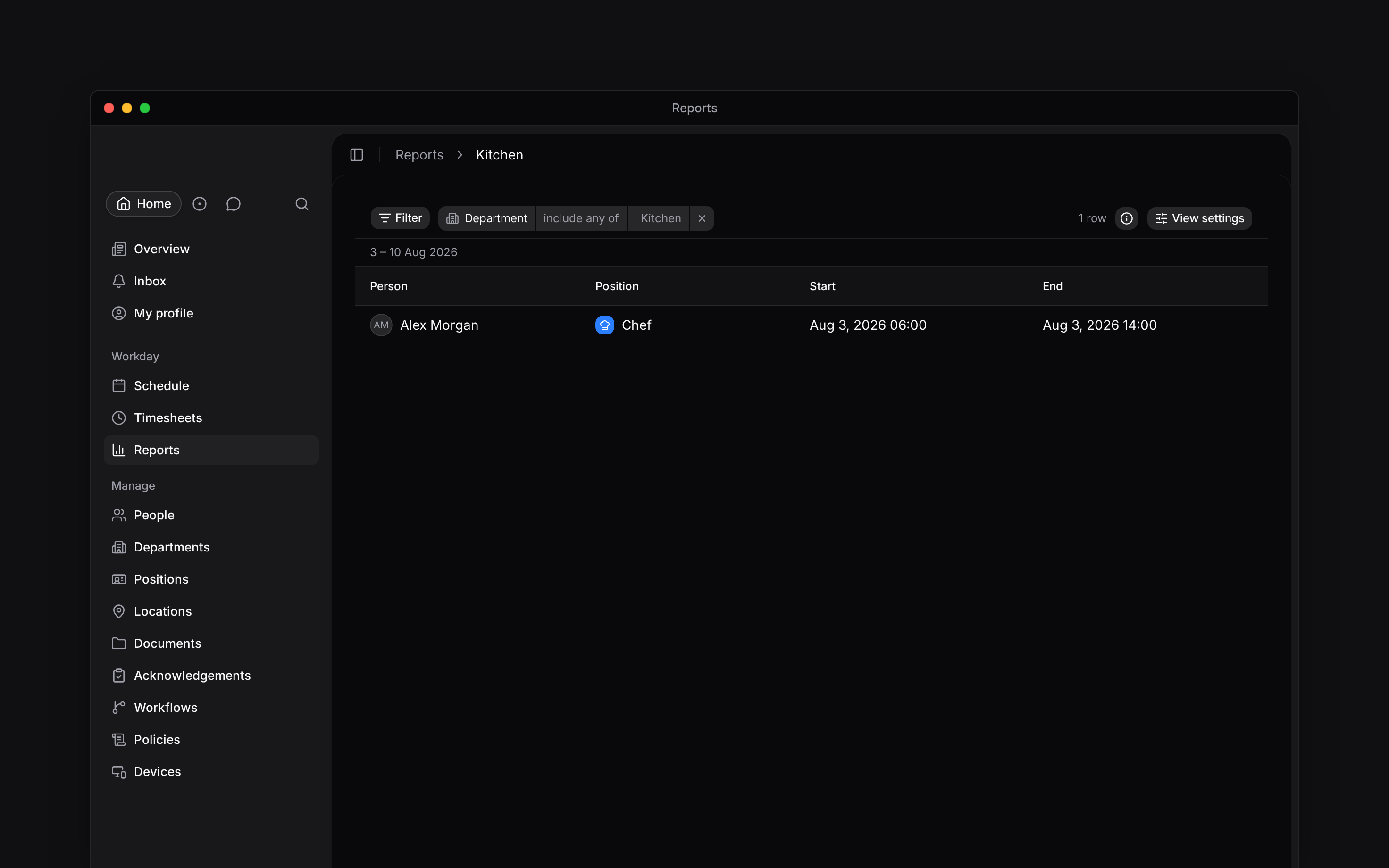 A report with a Department filter set to Kitchen
