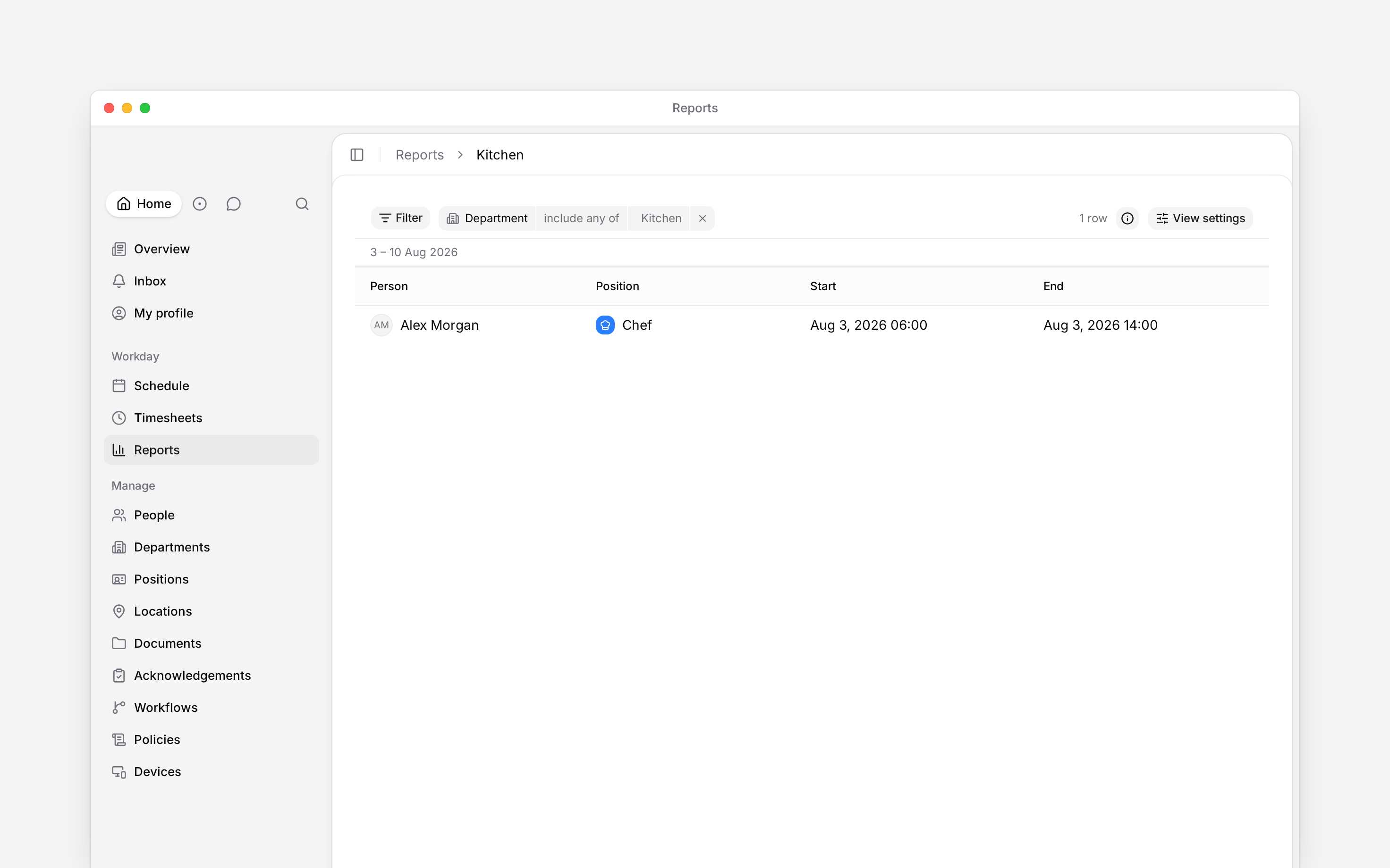 A report with a Department filter set to Kitchen