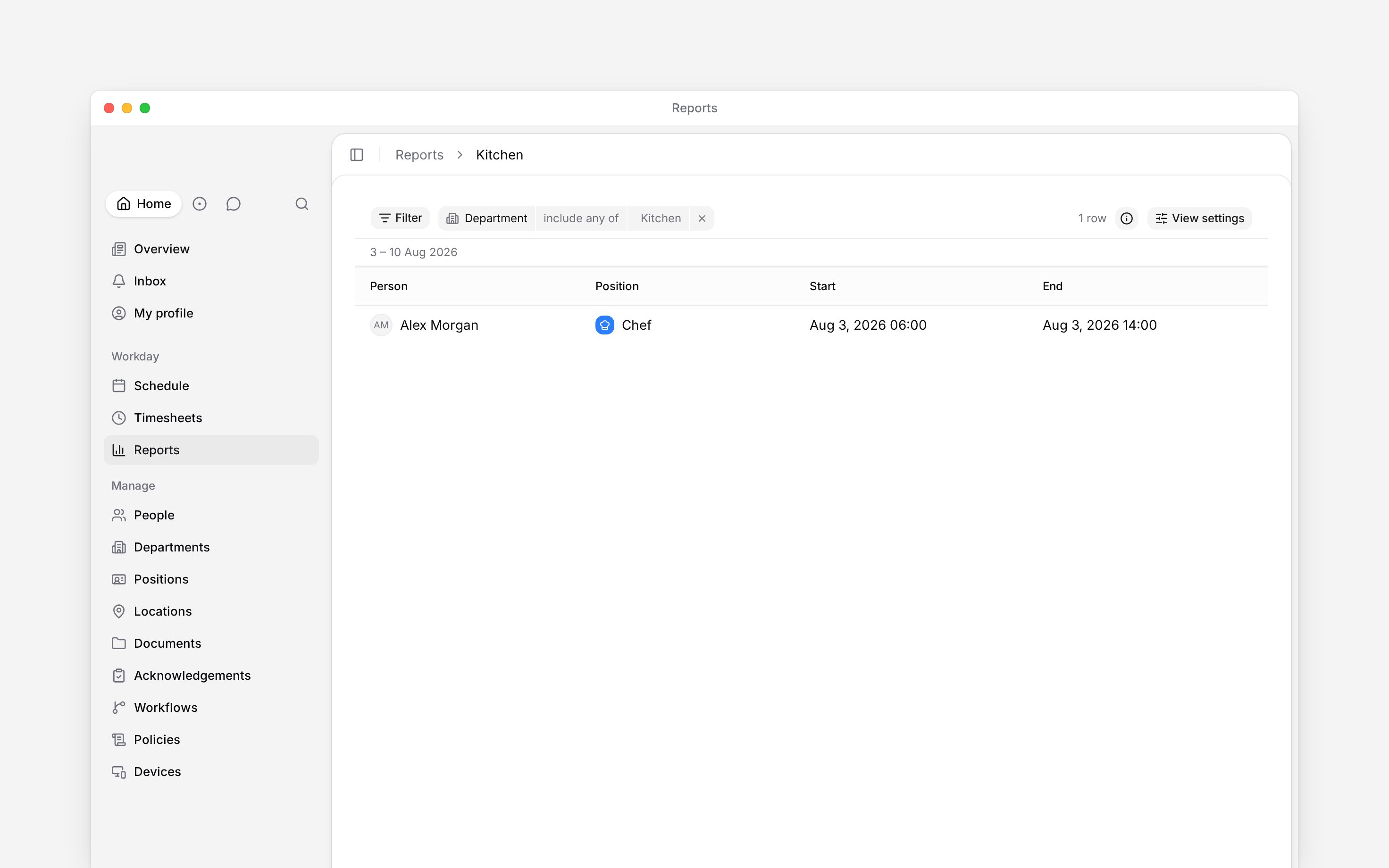 A report with a Department filter set to Kitchen