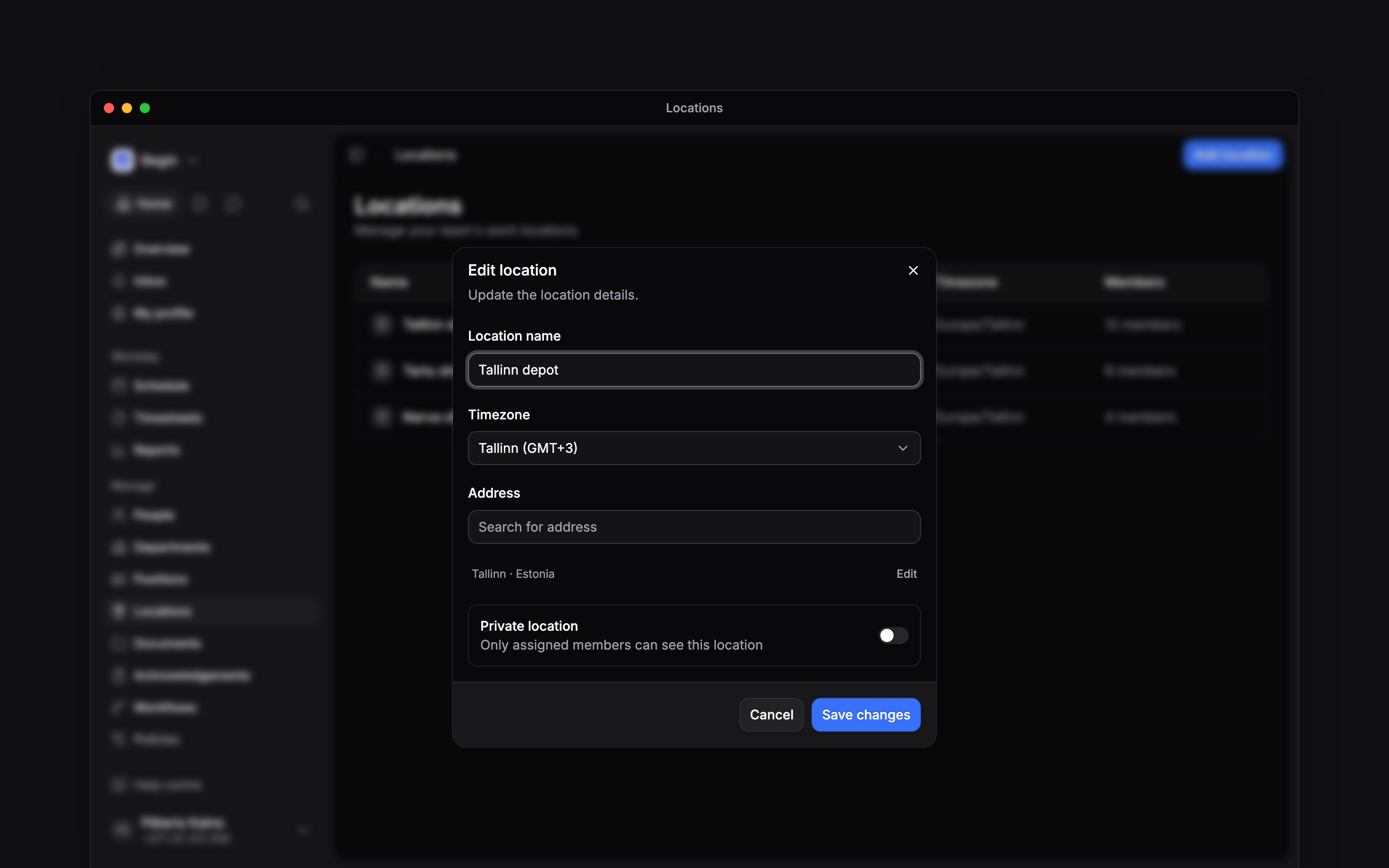 The Edit location form for Tallinn depot with its timezone, address summary and Save changes button
