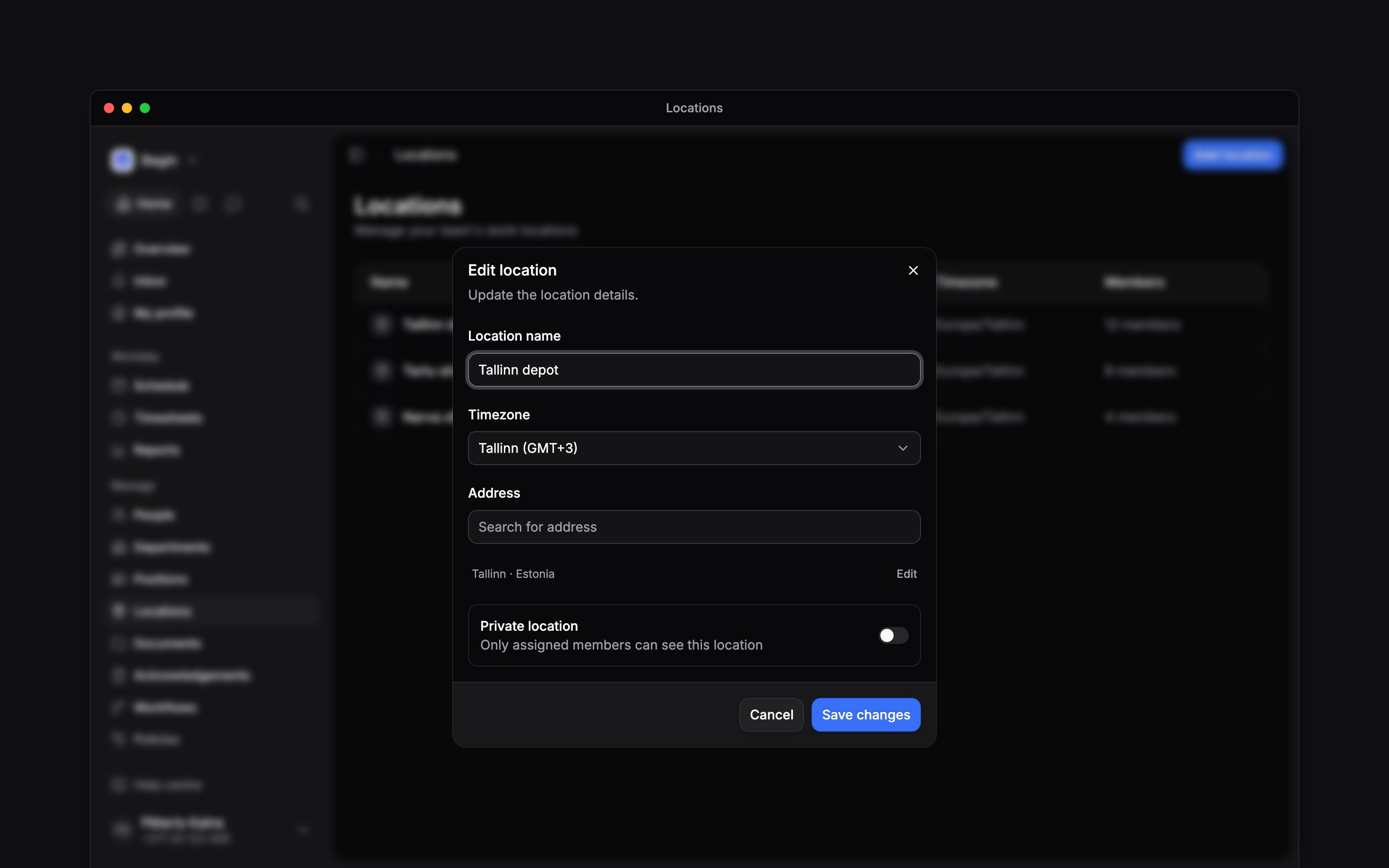 The Edit location form for Tallinn depot with its timezone, address summary and Save changes button