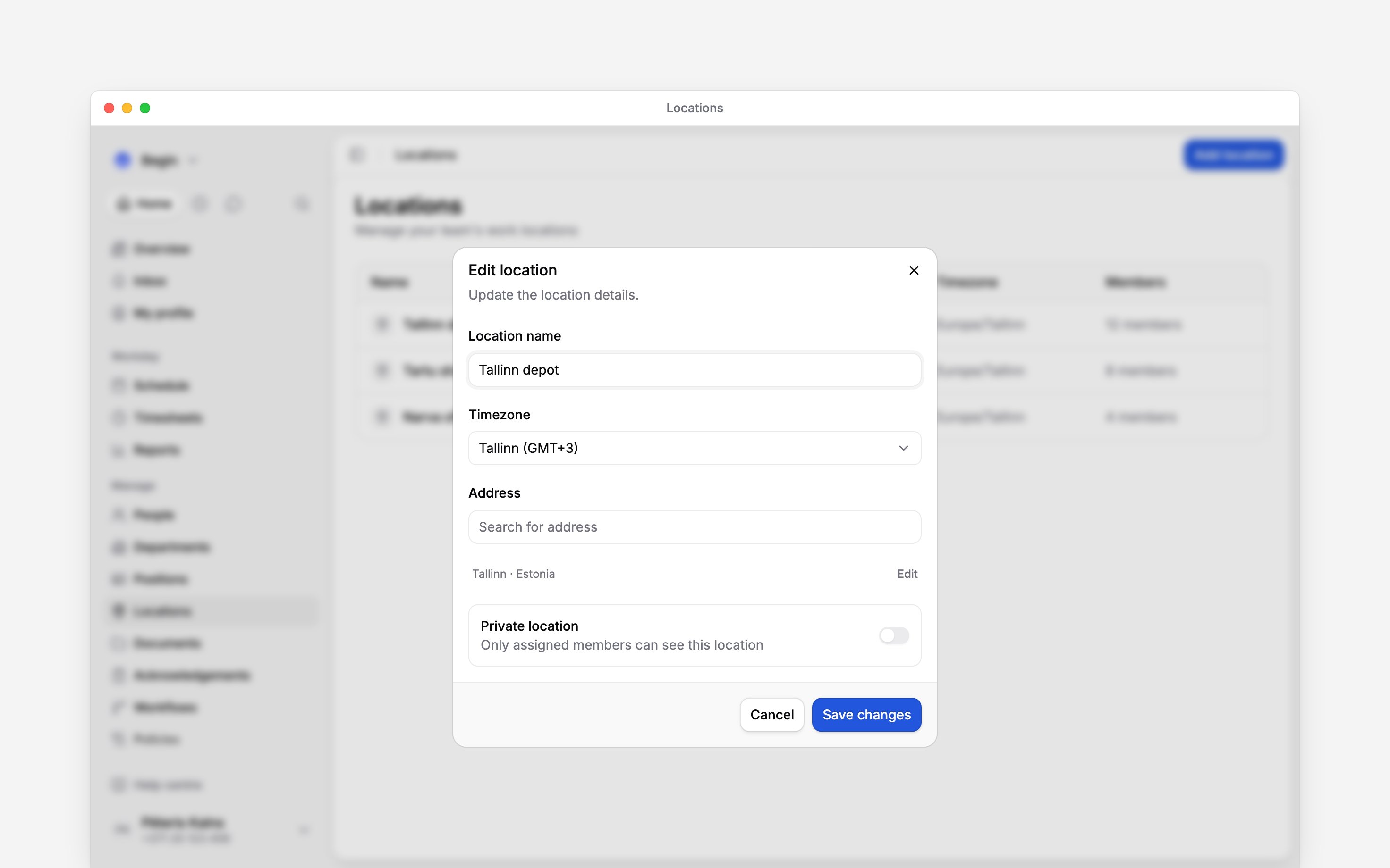 The Edit location form for Tallinn depot with its timezone, address summary and Save changes button