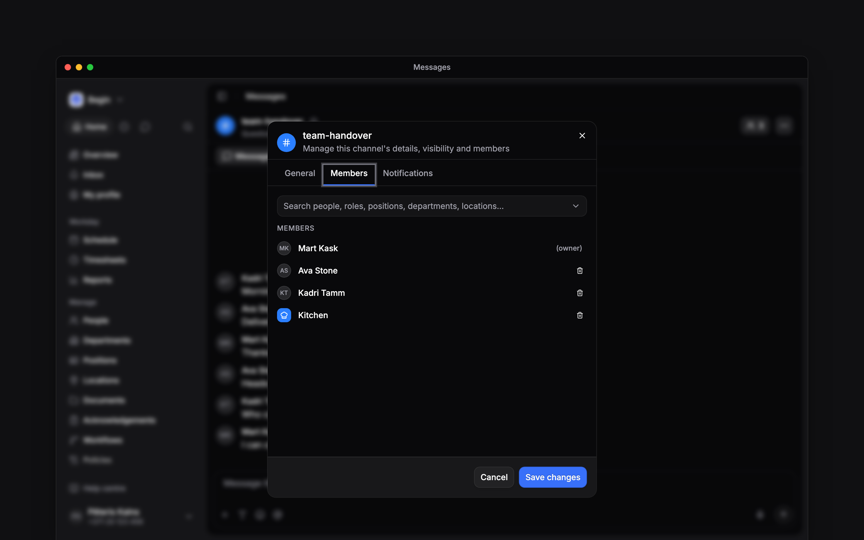 The channel member picker with a department and people selected
